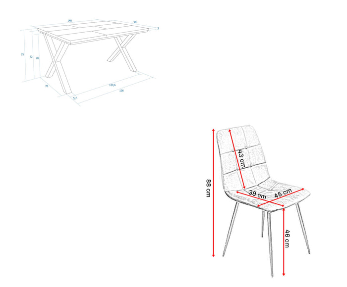 Skraut Home - Set Mobili, Tavolo da pranzo | 140 | Rovere | Stile industriale, Pack di 4 sedie da pranzo | Sedia imbottita RF2667