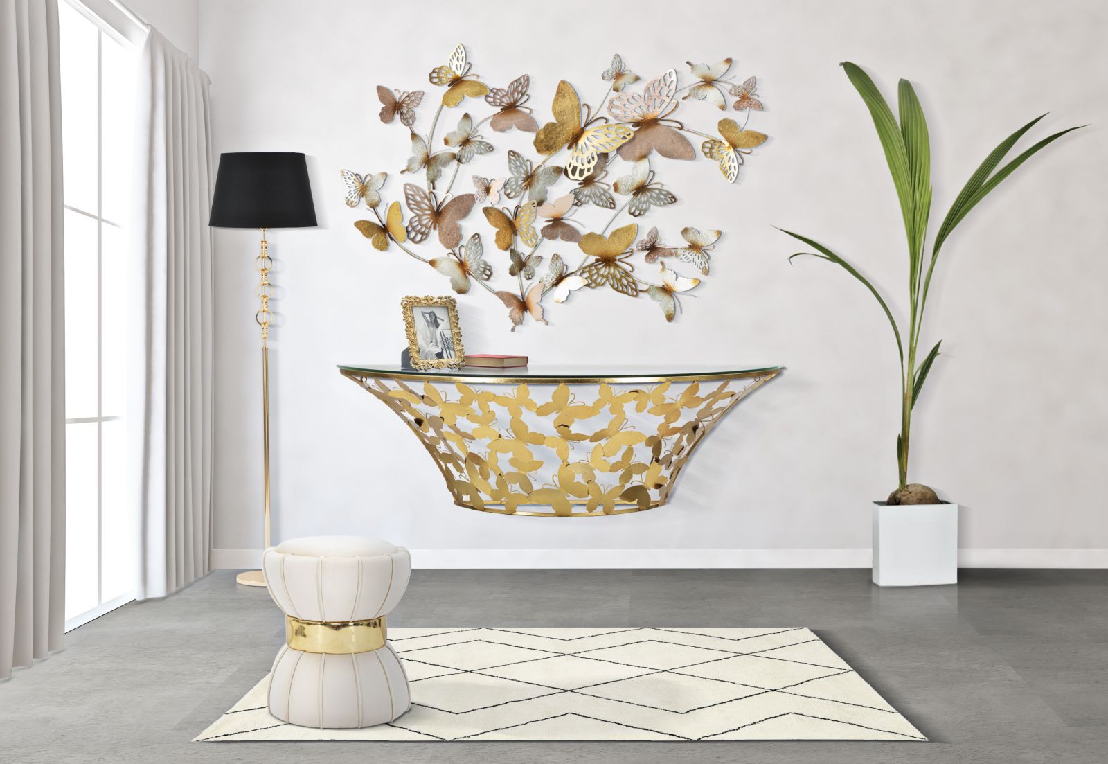 Consolle da parete stondata, piano in vetro, decori farfalle 120x40.5x37.5cm Butterflies