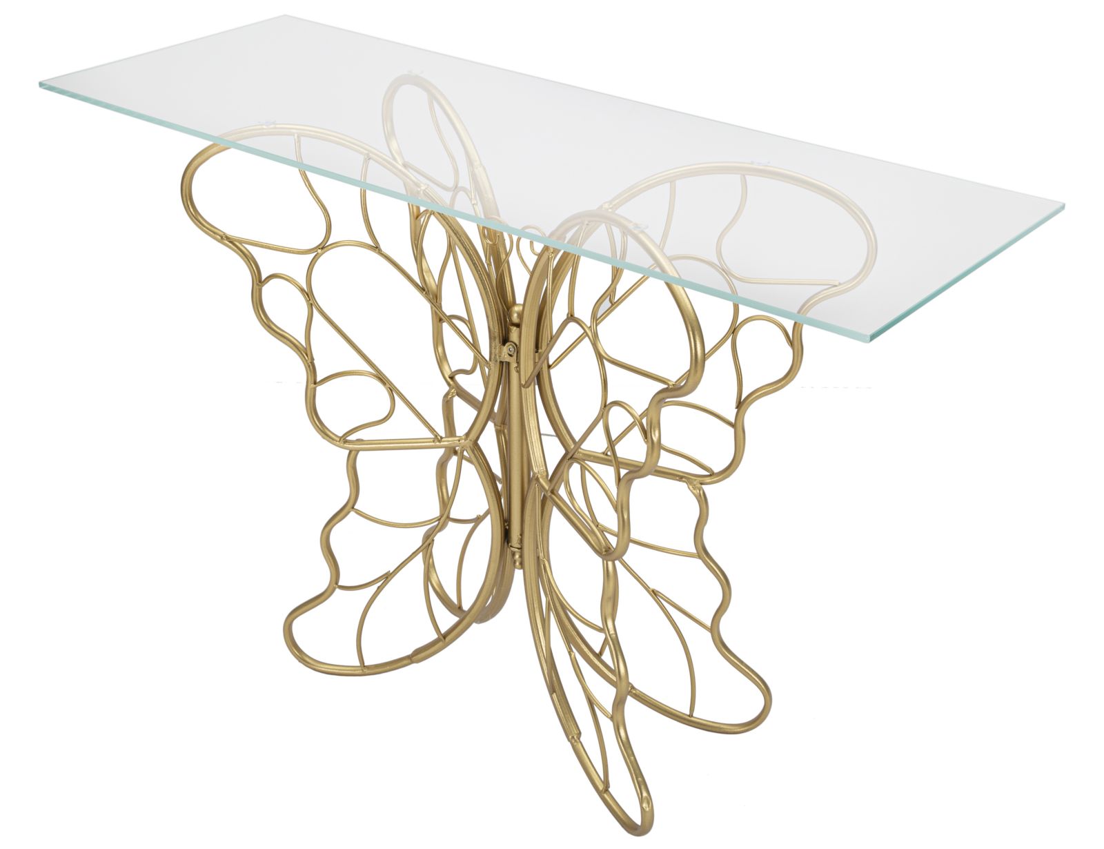 Consolle in metallo dorato forma di farfalla, piano in vetro 110x40x75cm