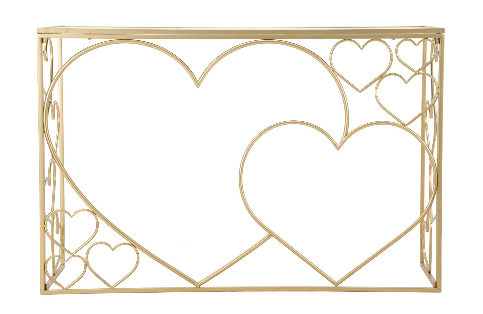 Consolle in metallo dorato, piano in vetro 120x43x80cm Heart