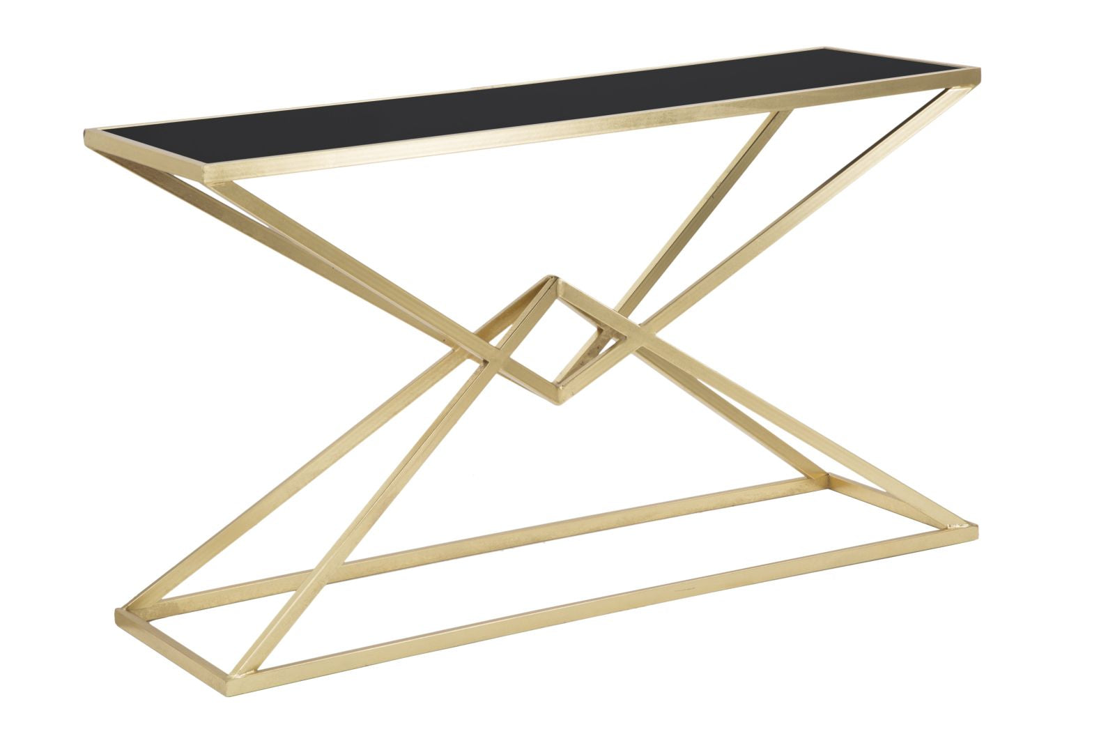 Consolle in metallo dorato, piano in vetro nero 120x40x79cm Piramide