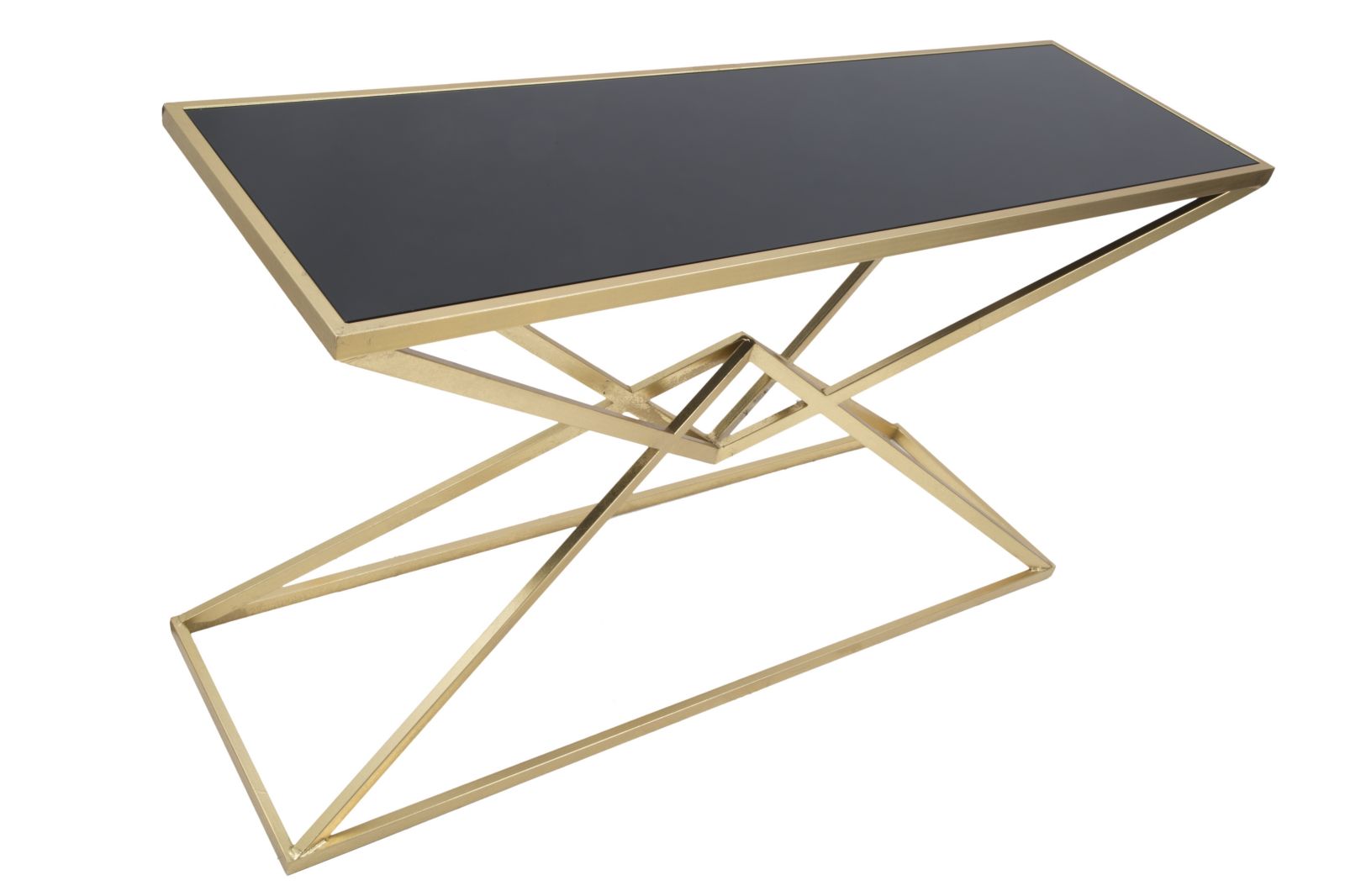 Consolle in metallo dorato, piano in vetro nero 120x40x79cm Piramide