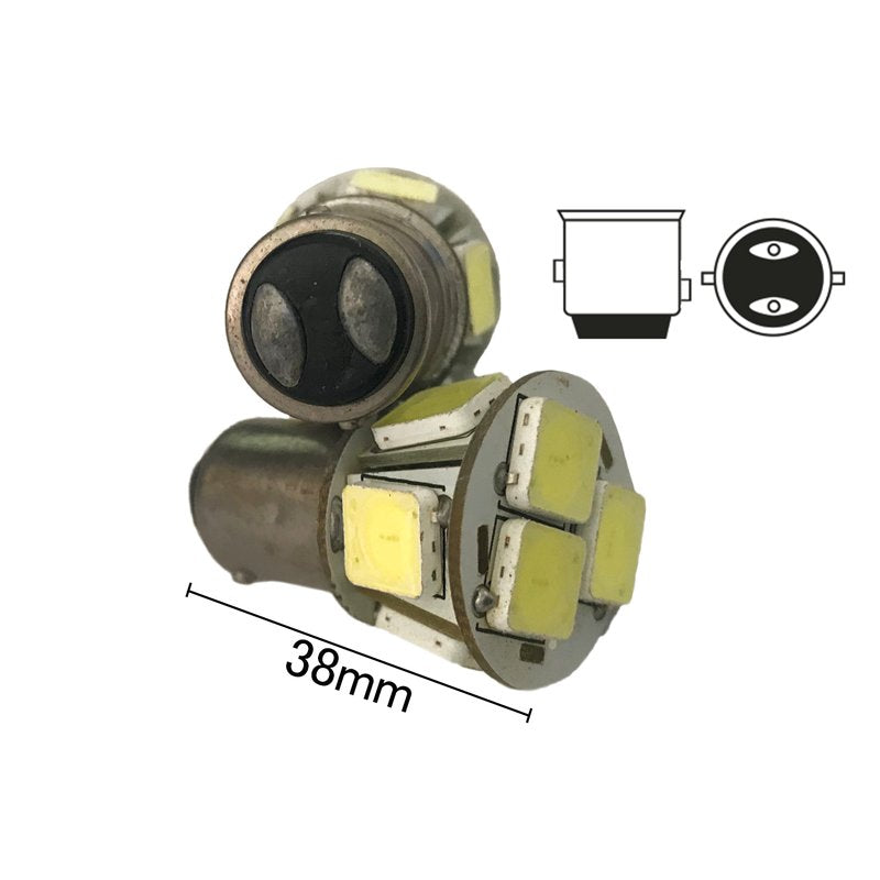 Coppia 2 Lampade Led BAY15D 1157 P21/5W Con 8 Smd 9080 Bianco Freddo 6000K 12V 4W