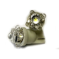 Coppia 2 Lampade Led T10 Con 1 Led F5 Flux + 4 Led F3 Colore Bianco Freddo 6000K 12V 0,2W