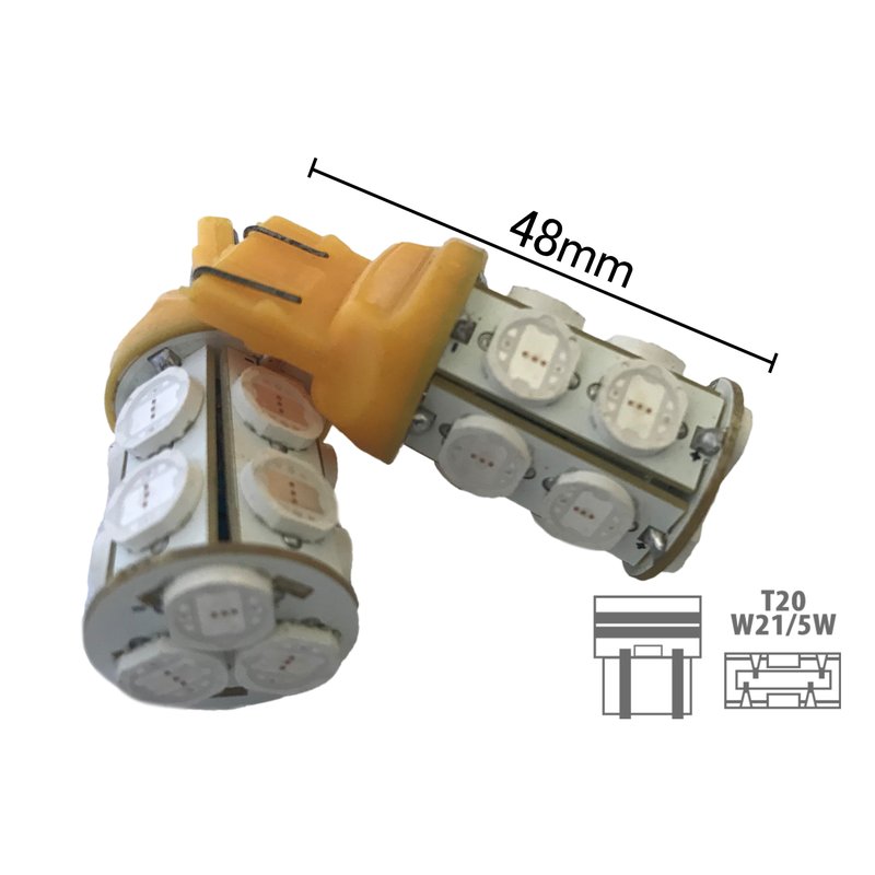 Coppia 2 Lampade Led T20 7443 W21/5W Con 13 Smd 9080 Colore Giallo Arancione 12V 6W