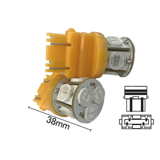 Coppia 2 Lampade Led T25 P27/7W 3157 Con 8 Smd 9080 Colore Giallo Arancione 12V 4W