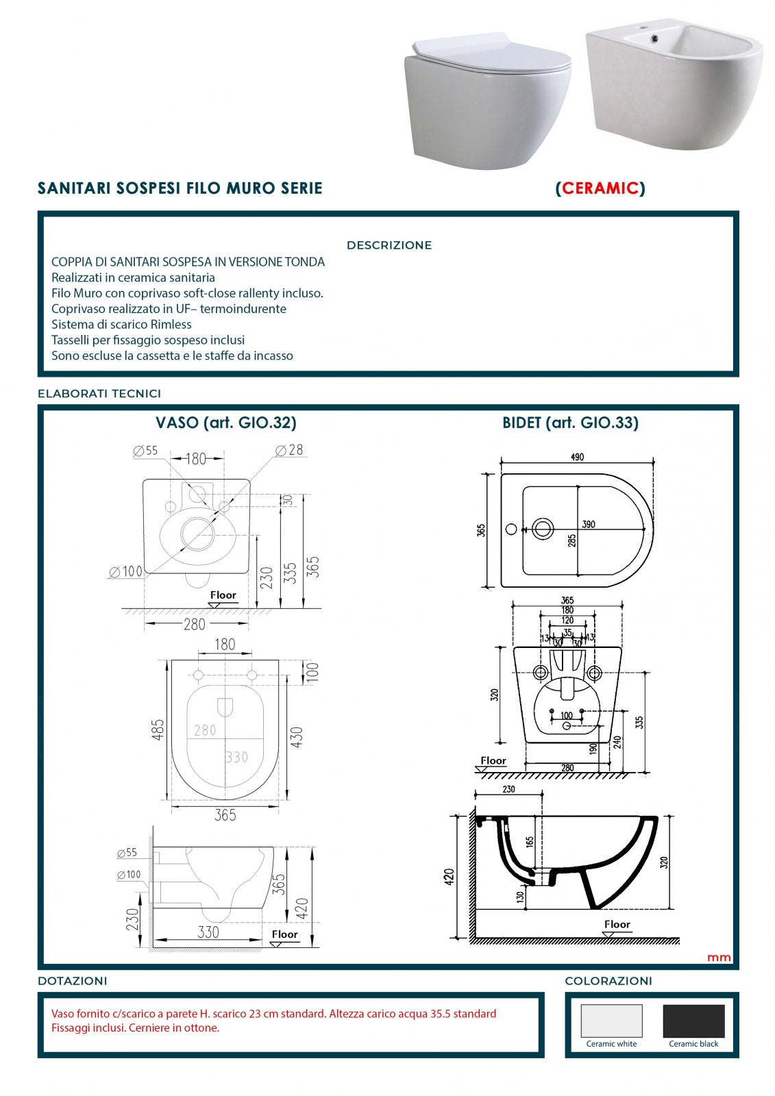 Coppia di sanitari wc e bidet sospesi ceramica SICENA NEBET