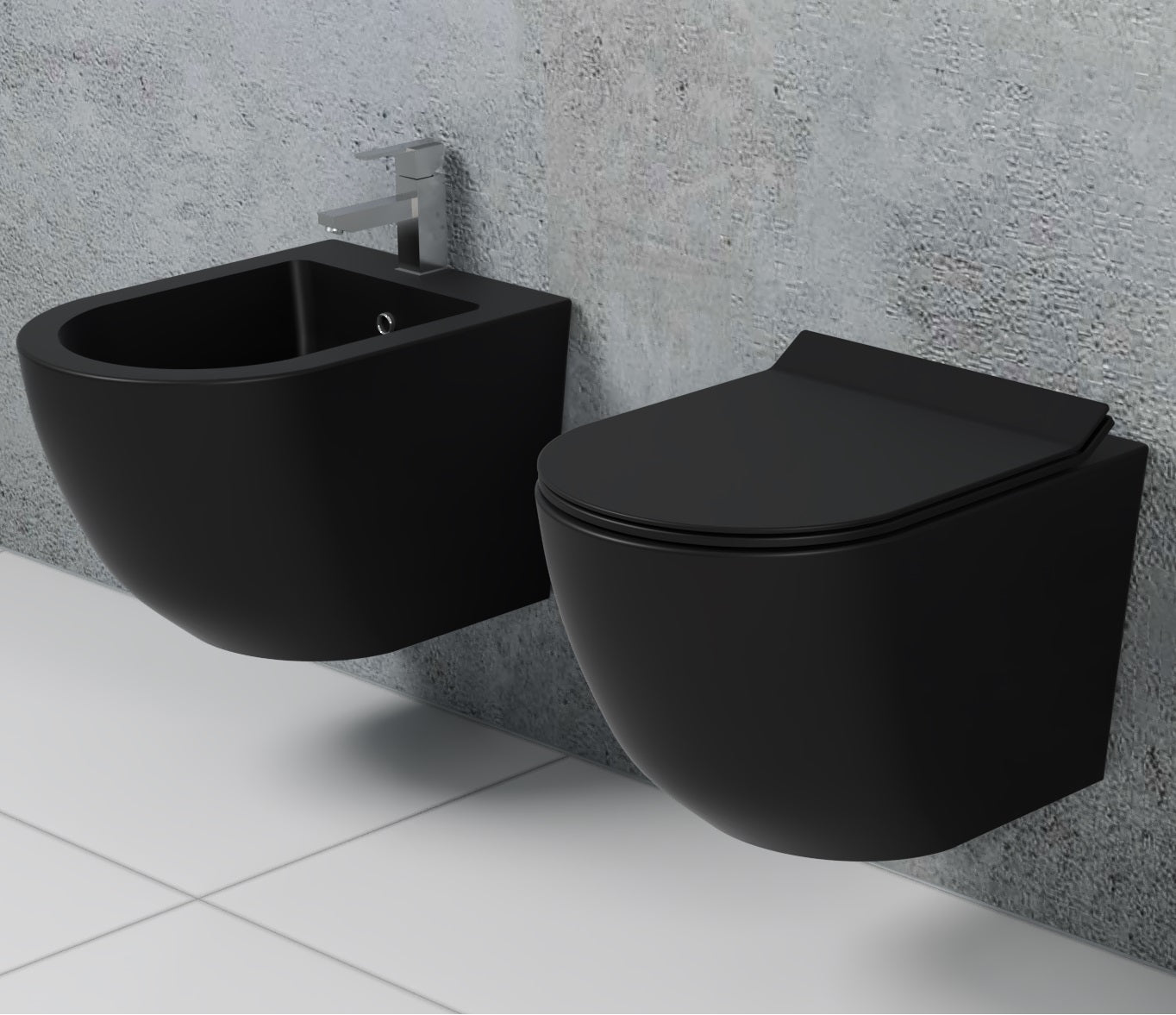 Coppia di sanitari wc e bidet sospesi ceramica nera SICENA ROUNDED