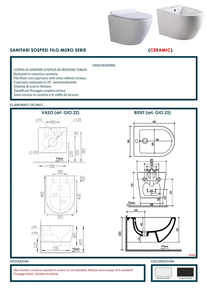 Coppia di sanitari wc e bidet sospesi ceramica nera SICENA ROUNDED