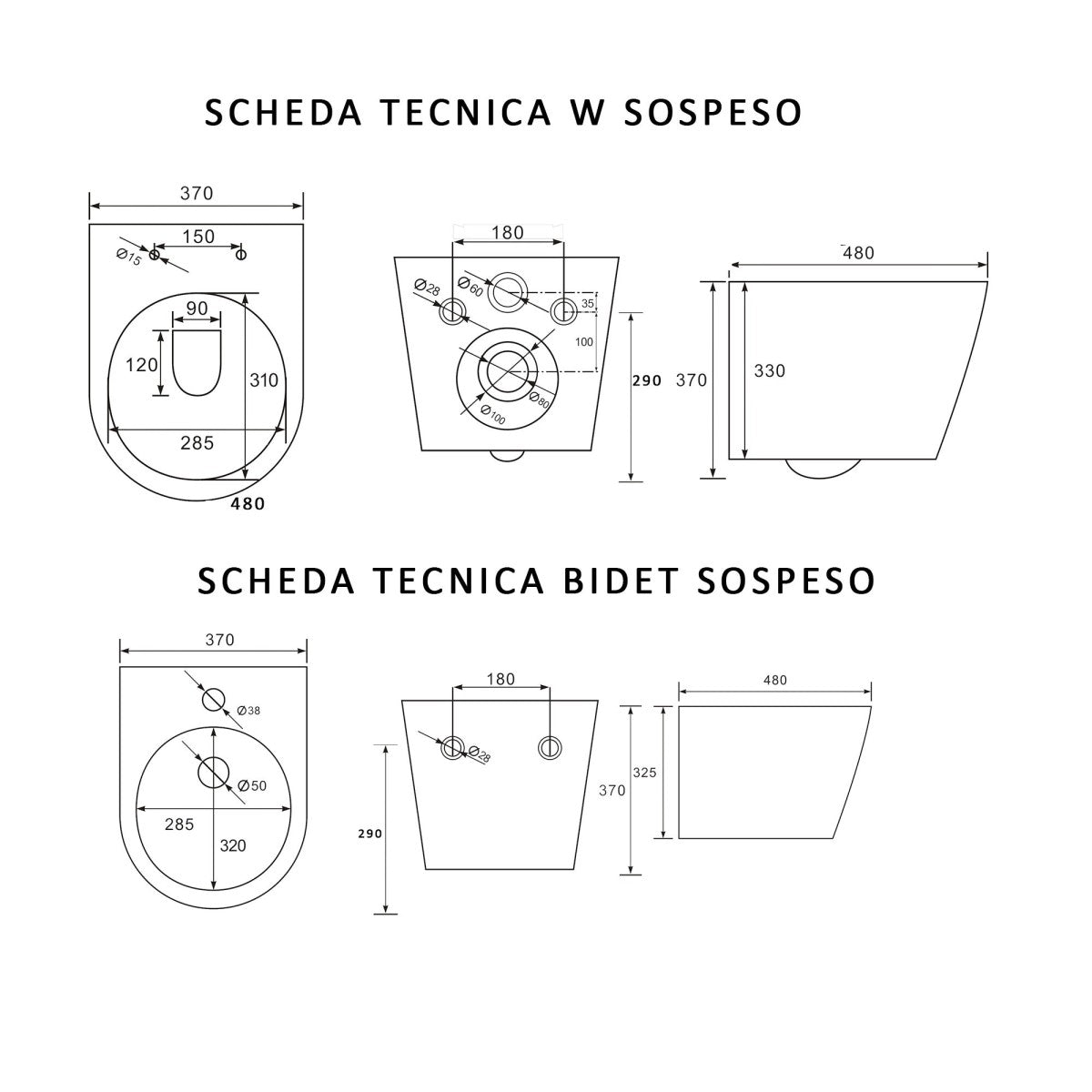 Sanitari sospesi senza brida wc bidet ceramica oceano