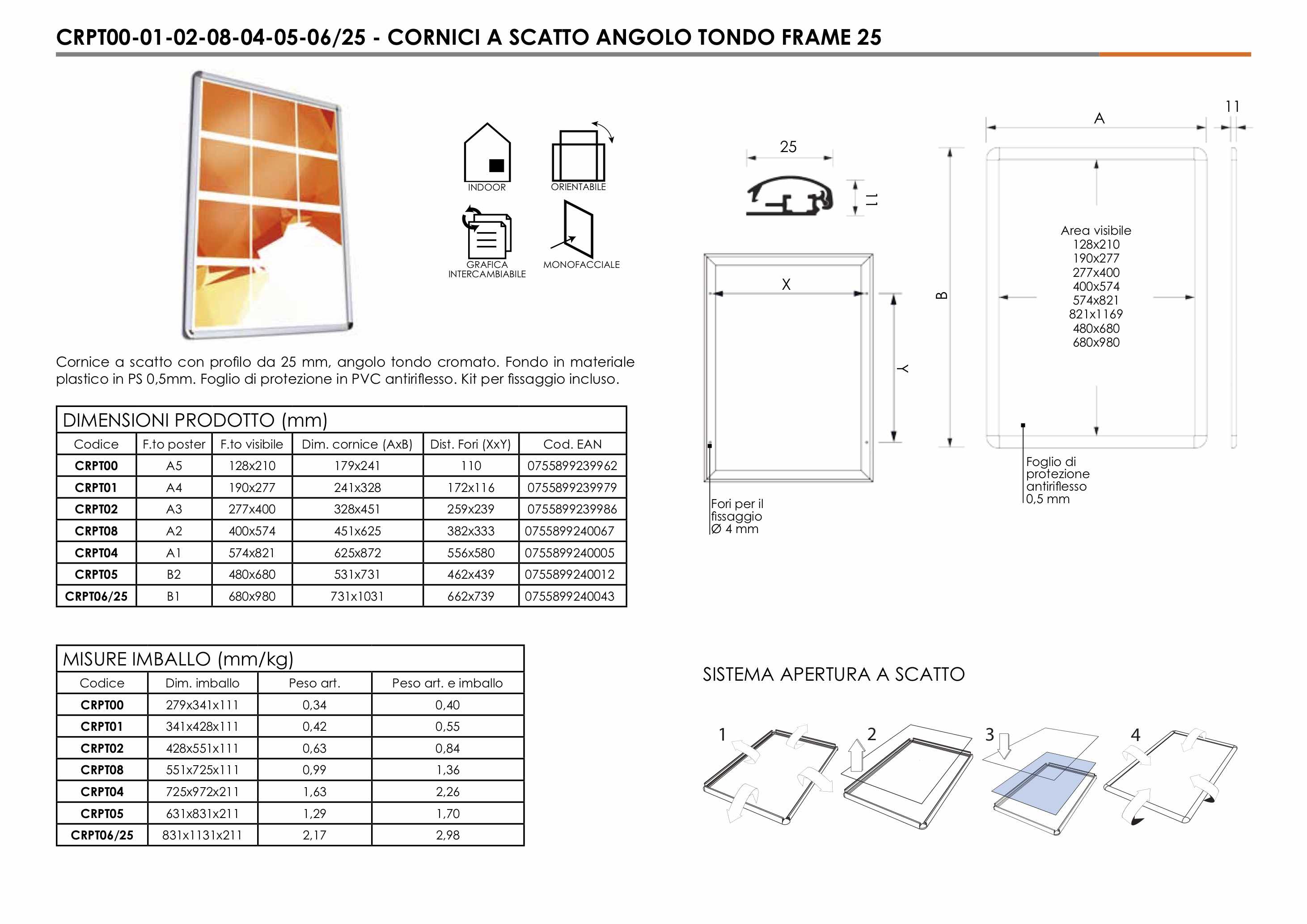 Cornice a scatto 42 x 60 profilo 25mm angolo tondo