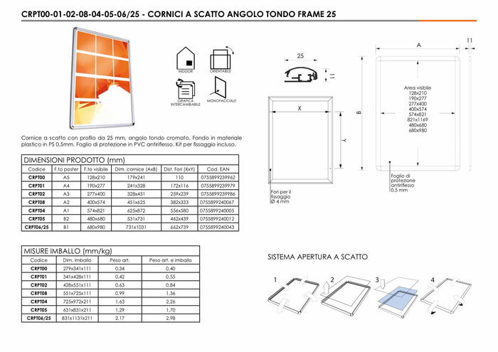 Cornice a scatto 42 x 60 profilo 25mm angolo tondo