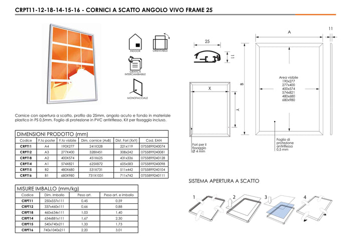 Cornice a scatto da parete A3 profilo 25mm angolo vivo