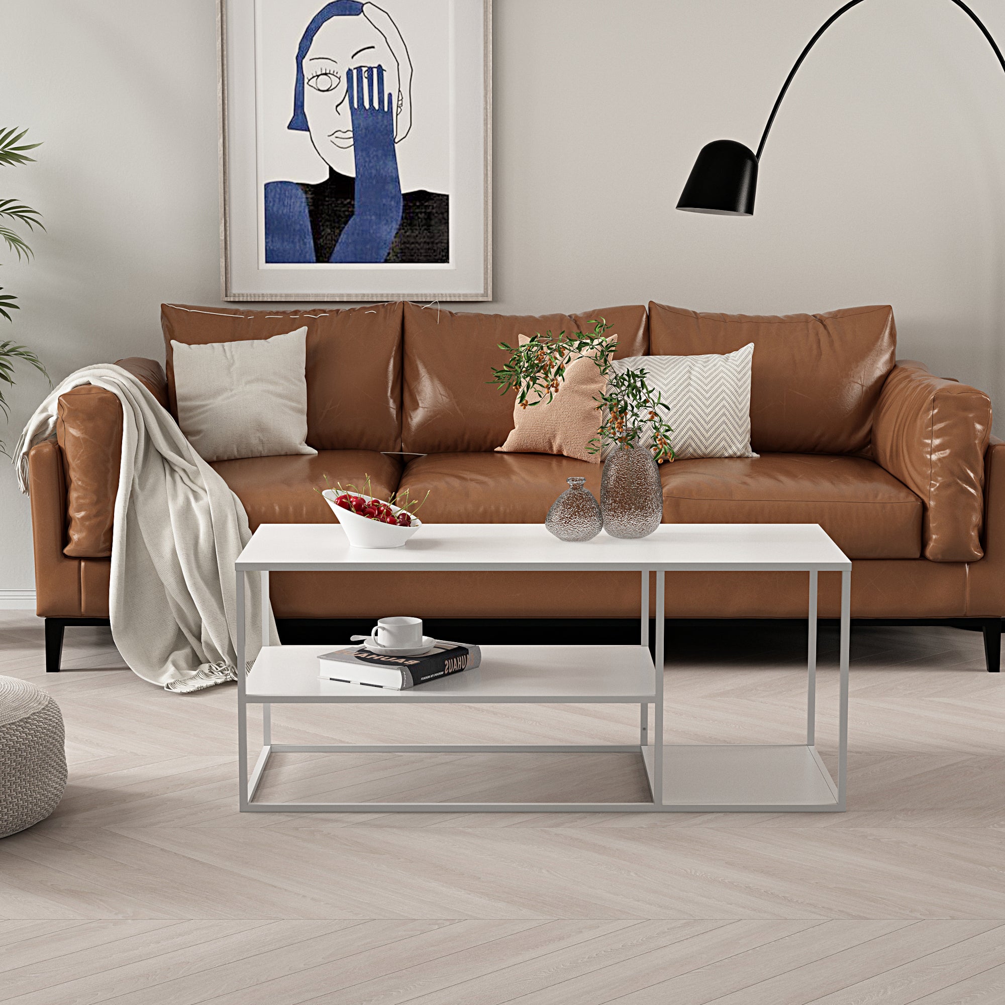 Tavolino Basso da Soggiorno Solund a 3 Piani di Appoggio 120x50x50 cm - Bianco opaco [en.casa]