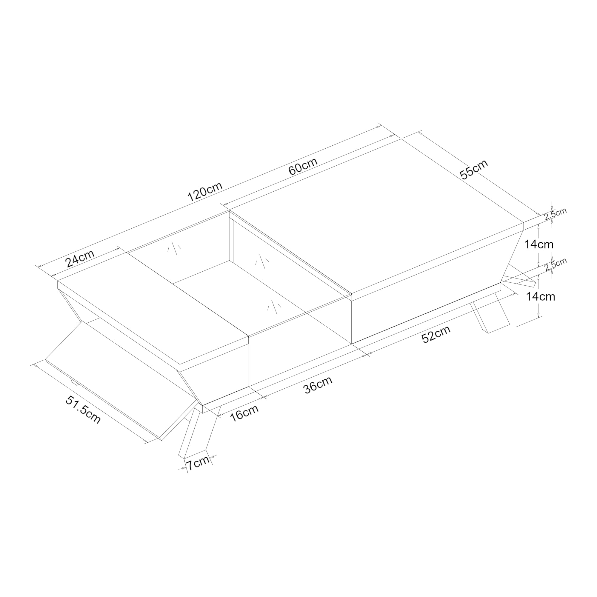 Tavolino Centrale da Salotto Ljusdal con Contenitori Laterali 120 x 55 x 33 cm Bianco / Effetto Noce [en.casa]