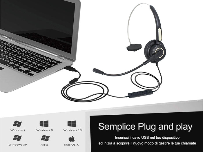 Cuffia Monoaurale Con USB Microfono Auricolare Professionale Per PC Notebook Aziendale Ufficio Call Center Skype Uso Business