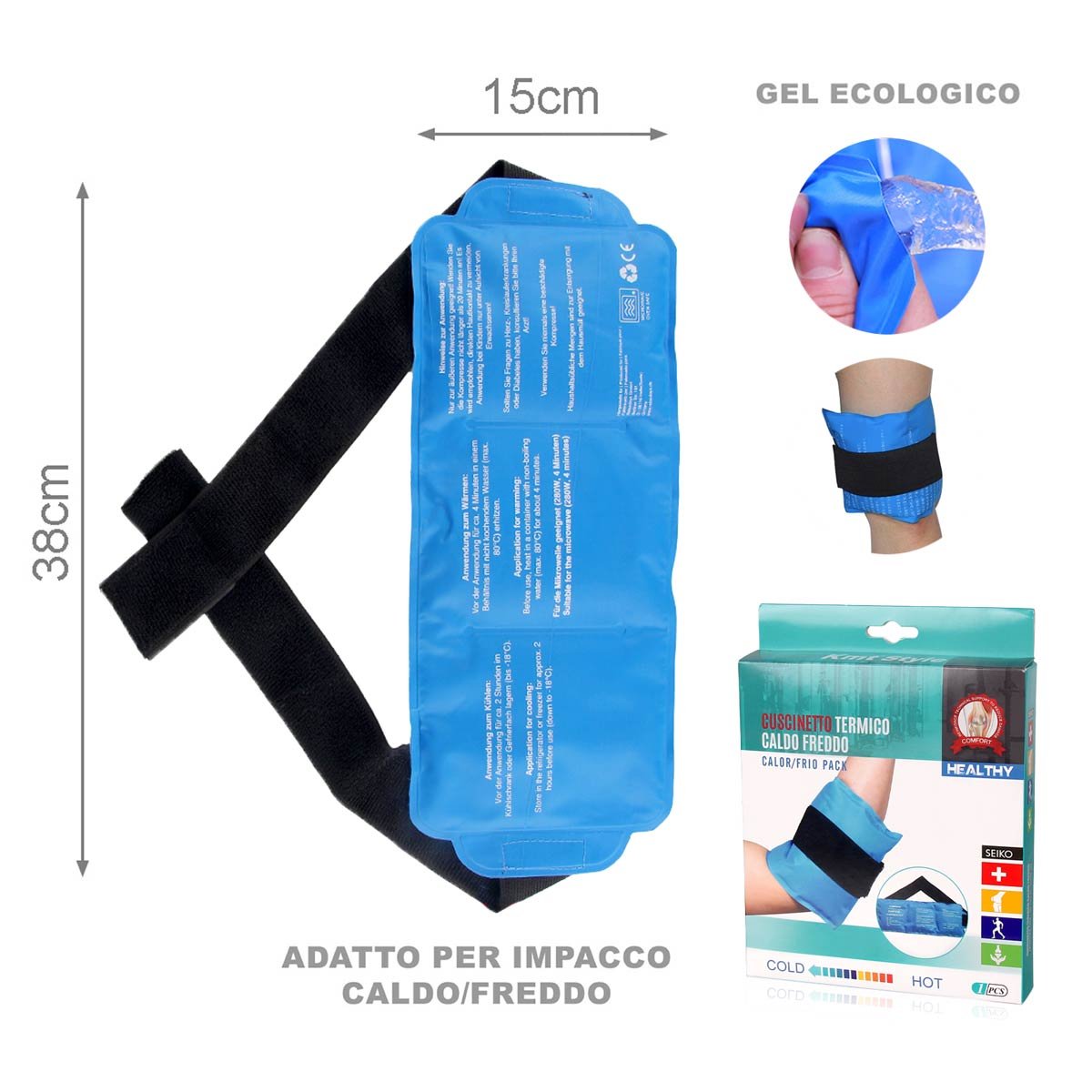 Cuscinetto Termico Gel Caldo Freddo Modello con Fascia per la Terapia del Calore e del Freddo 15x38cm