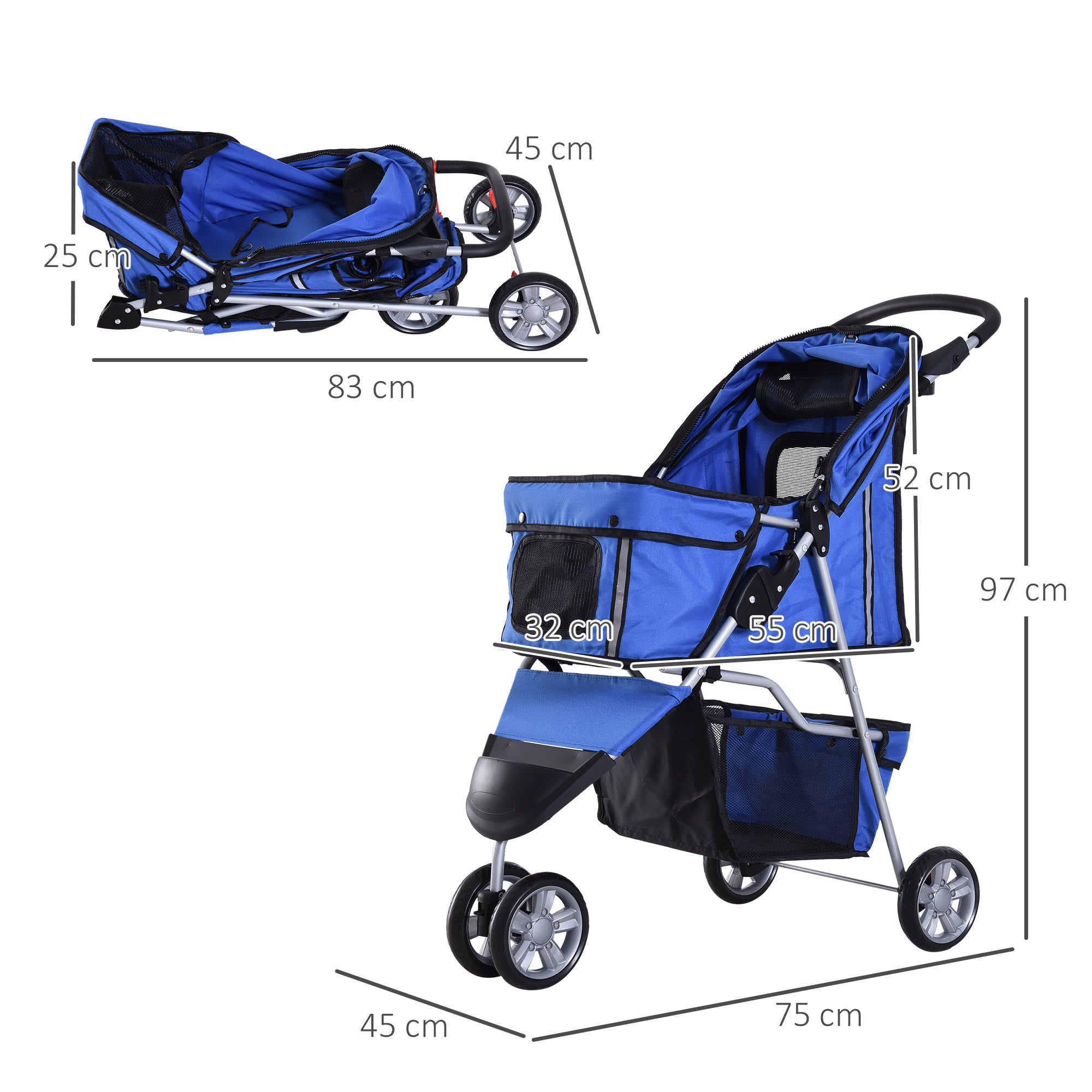 EasyComfort Passeggino per Cani 10 kg Pieghevole, Carrello per Cani Animali Domestici Carrozzina Blu 75 x 45 x 97cm