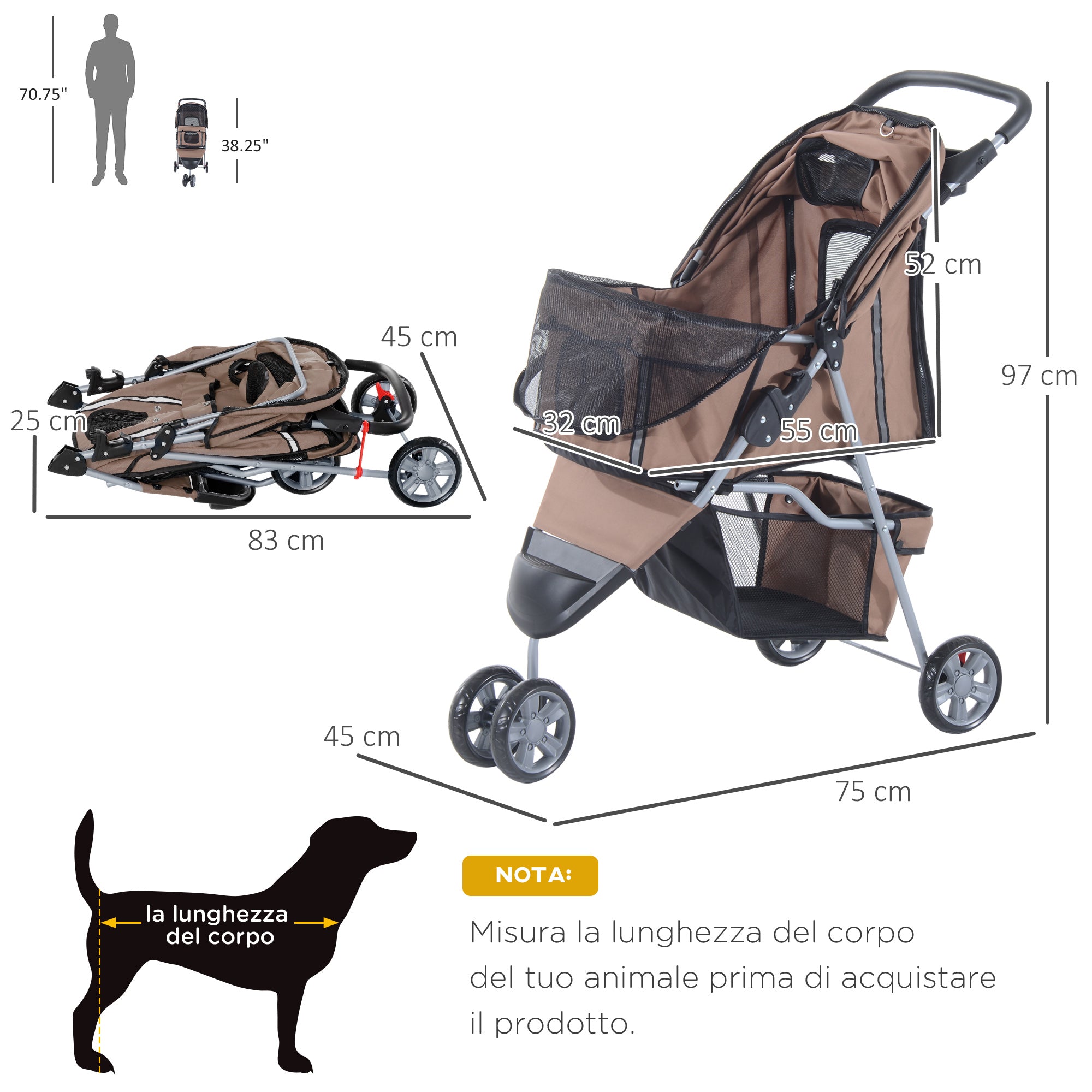 EasyComfort Passeggino per Cani Pieghevole Carrello per Animali Domestici Carrello Carrozzina Caffè 75 x 45 x 97cm