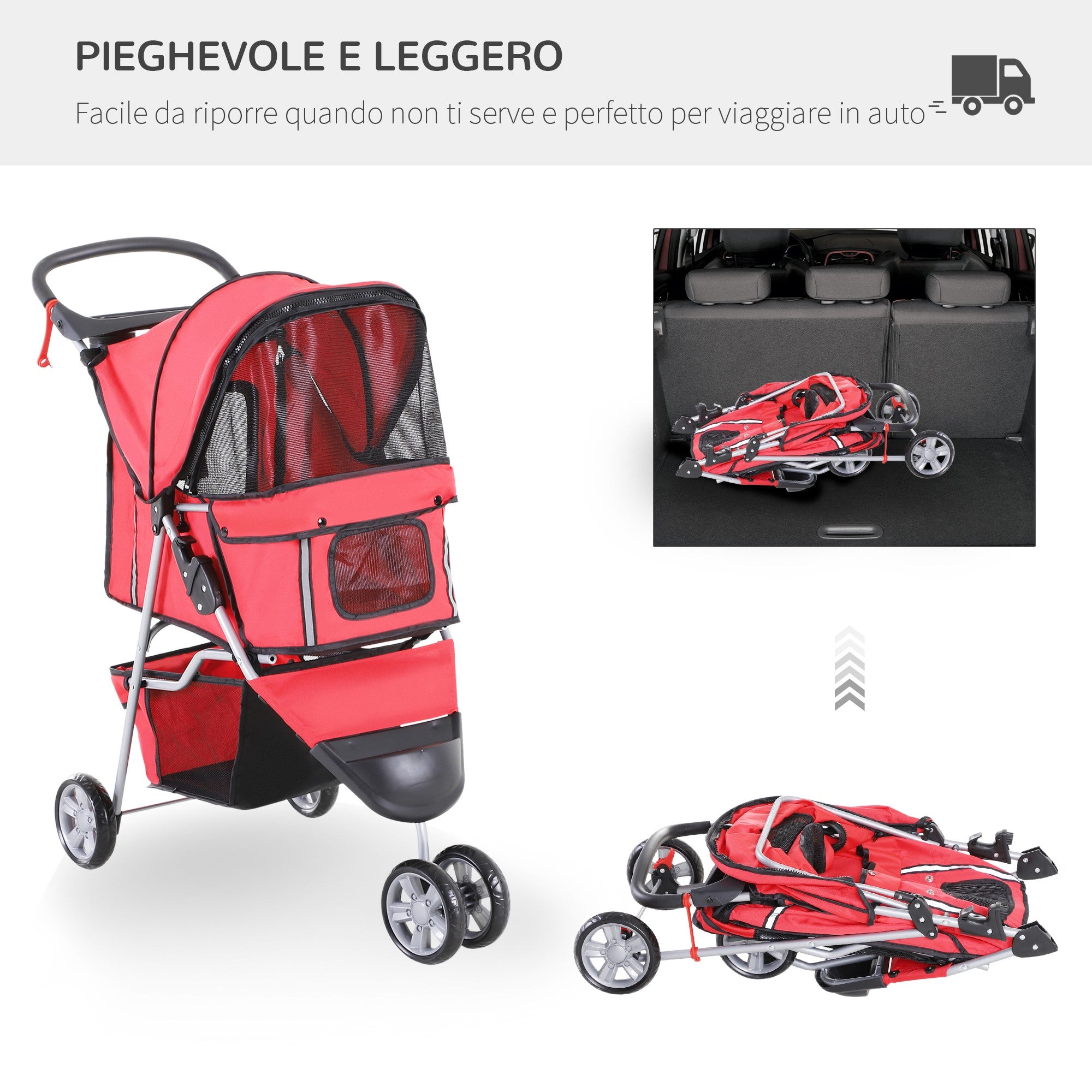 EasyComfort Passeggino per Cani Pieghevole Carrello per Animali Domestici Carrello Carrozzina Rosso 75 x 45 x 97cm