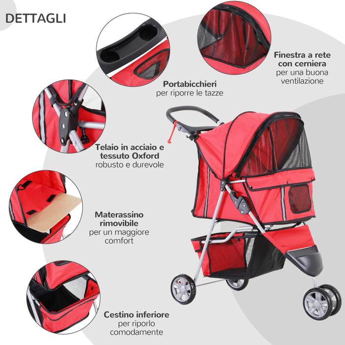 EasyComfort Passeggino per Cani Pieghevole Carrello per Animali Domestici Carrello Carrozzina Rosso 75 x 45 x 97cm