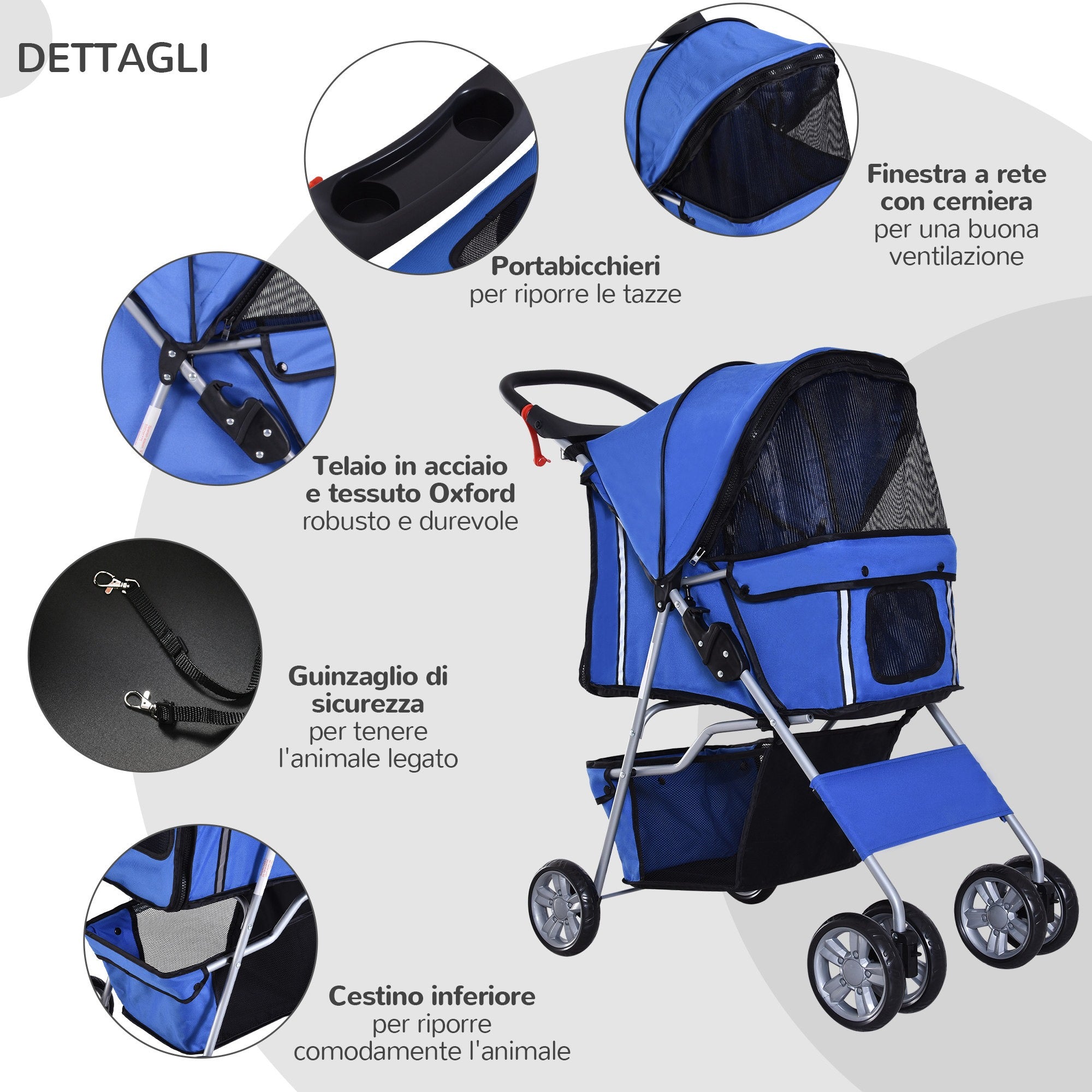 EasyComfort Passeggino per Cani Pieghevole in Tessuto con Cestino e Portabicchieri, 75x45x97 cm, Blu