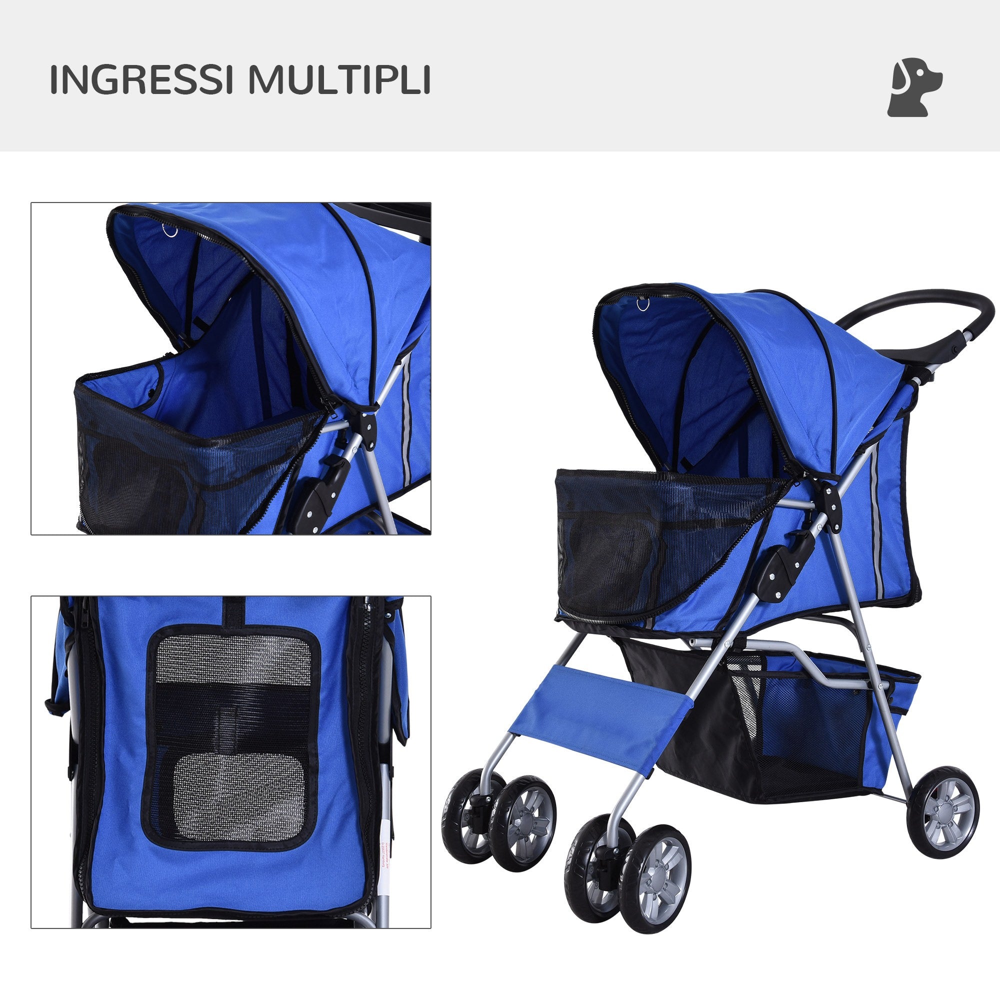 EasyComfort Passeggino per Cani Pieghevole in Tessuto con Cestino e Portabicchieri, 75x45x97 cm, Blu