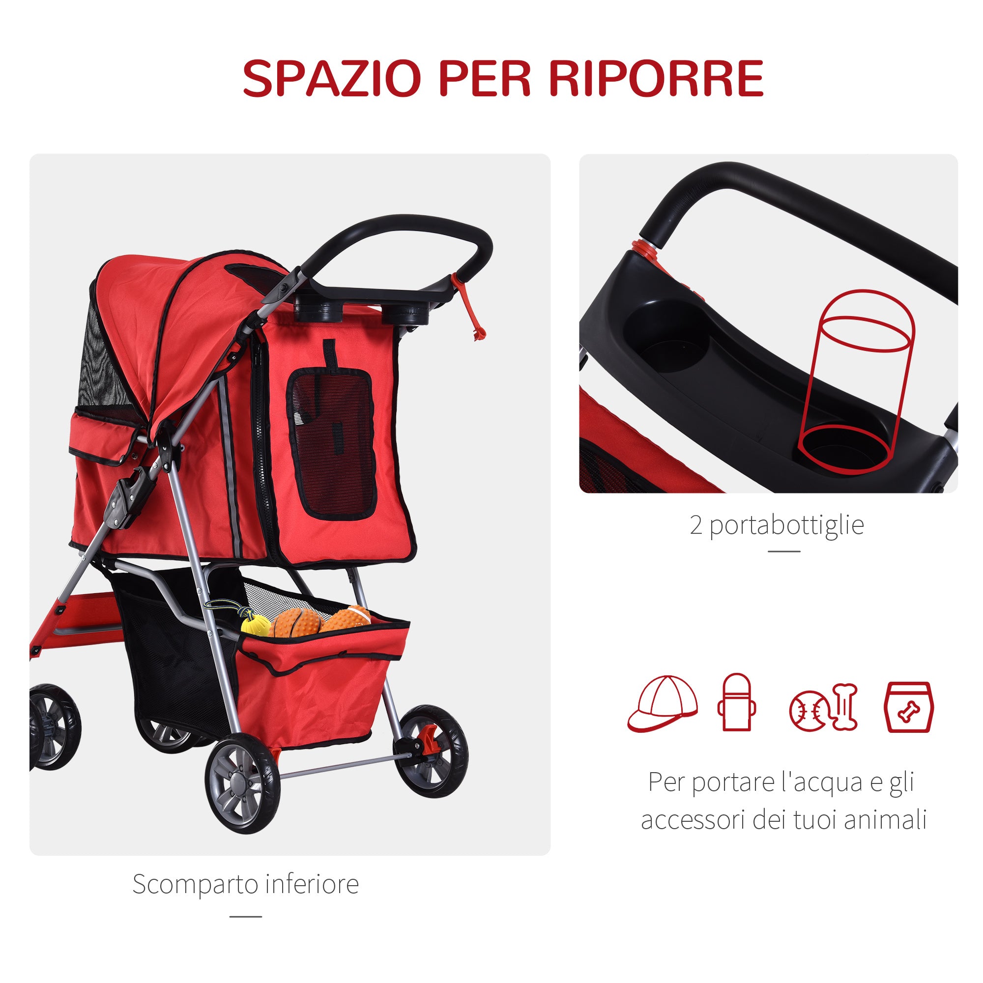 EasyComfort Passeggino per Cani Pieghevole, Carrello per Animali Domestici, Rosso, 75 x 45 x 97cm