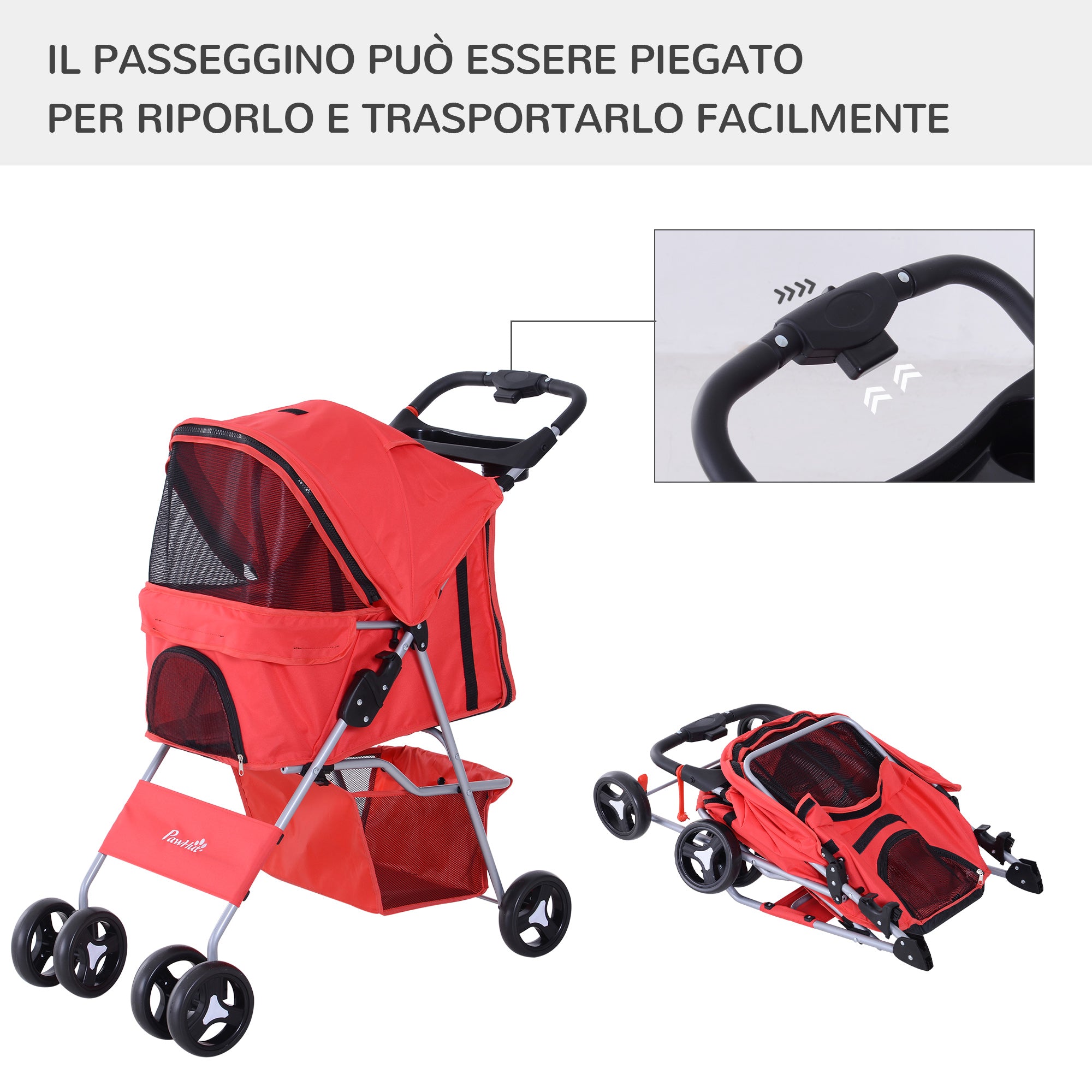 EasyComfort Passeggino Cani Gatti Animali Domestici Pieghevole 75L x 46P x 94Acm Rosso