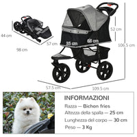 Passeggino per Cani Pieghevole 109,5x54,5x106,5 cm in Acciaio e Oxford Grigio e Nero