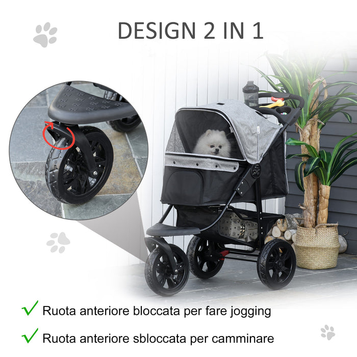 Passeggino per Cani Pieghevole 109,5x54,5x106,5 cm in Acciaio e Oxford Grigio e Nero