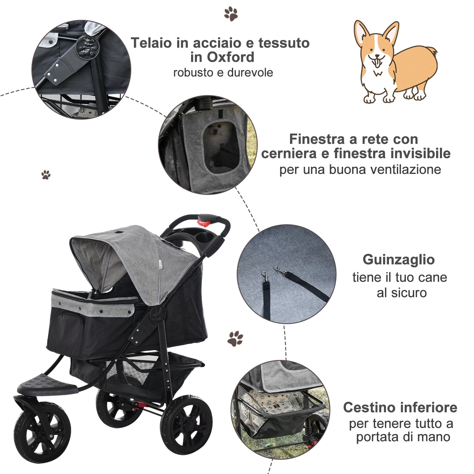 Passeggino per Cani Pieghevole 109,5x54,5x106,5 cm in Acciaio e Oxford Grigio e Nero