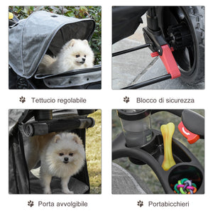 Passeggino per Cani Pieghevole 109,5x54,5x106,5 cm in Acciaio e Oxford Grigio e Nero