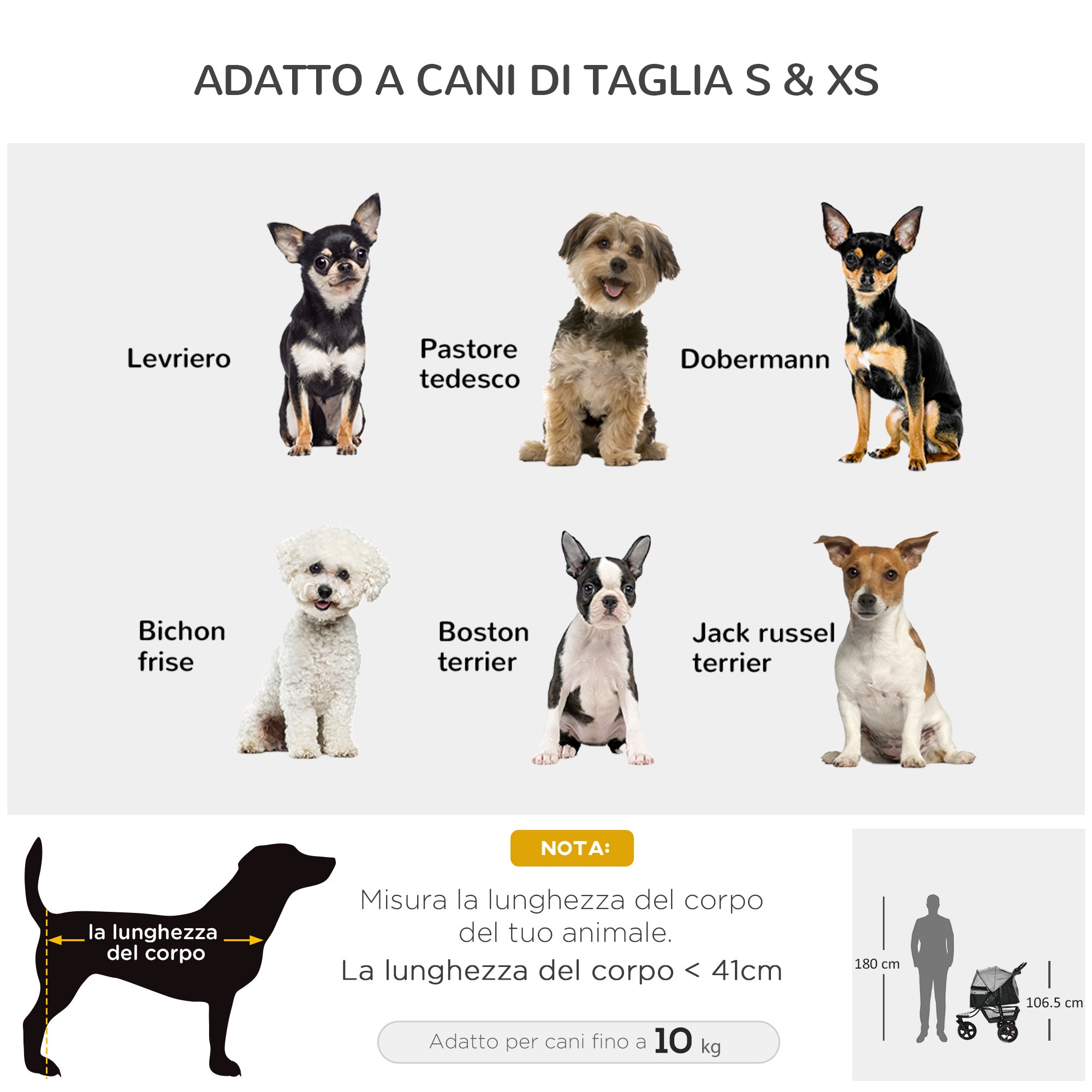 Passeggino per Cani Pieghevole 109,5x54,5x106,5 cm in Acciaio e Oxford Grigio e Nero