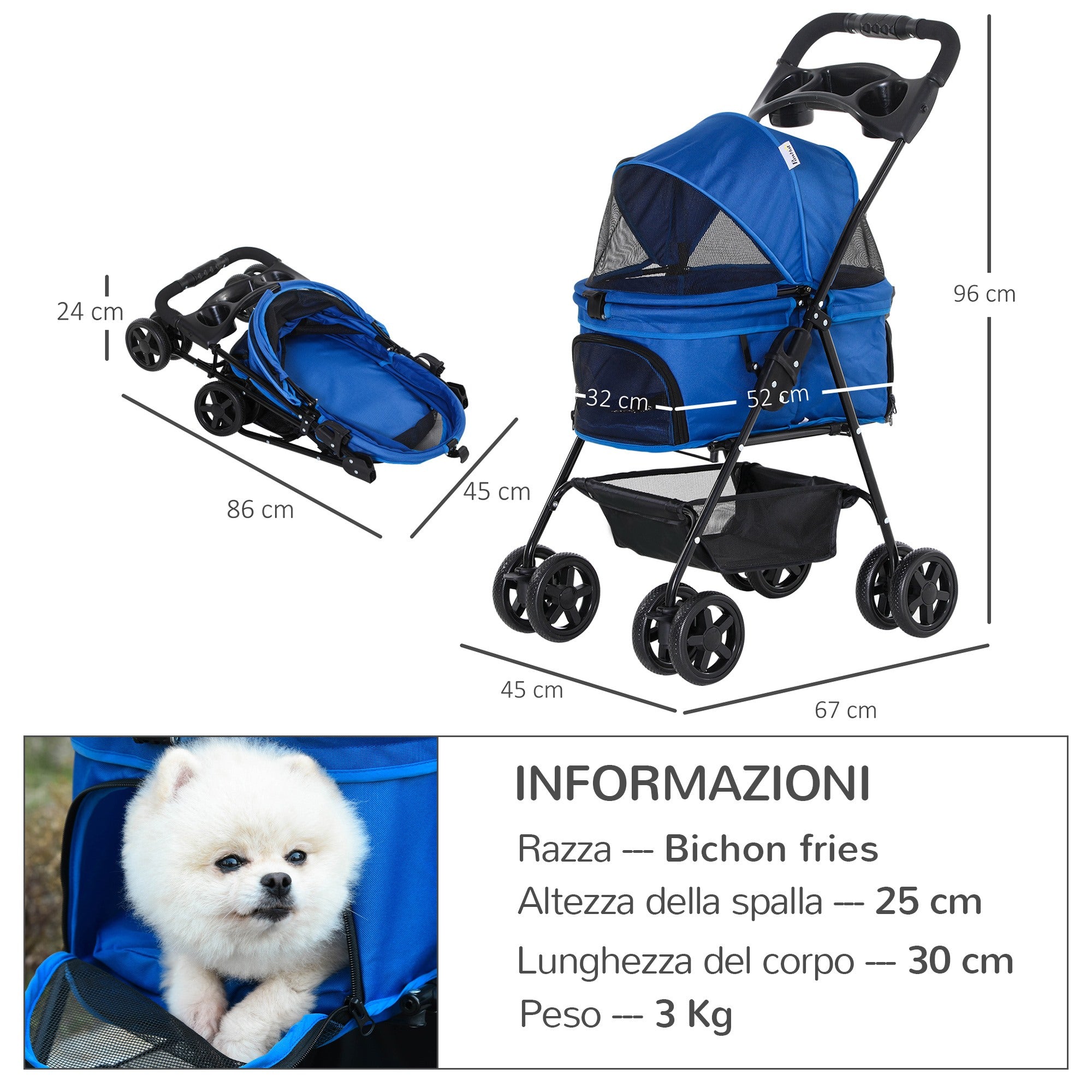 EasyComfort Passeggino per Cani Pieghevole con Guinzaglio di Sicurezza e Cestino Portaoggetti, Blu