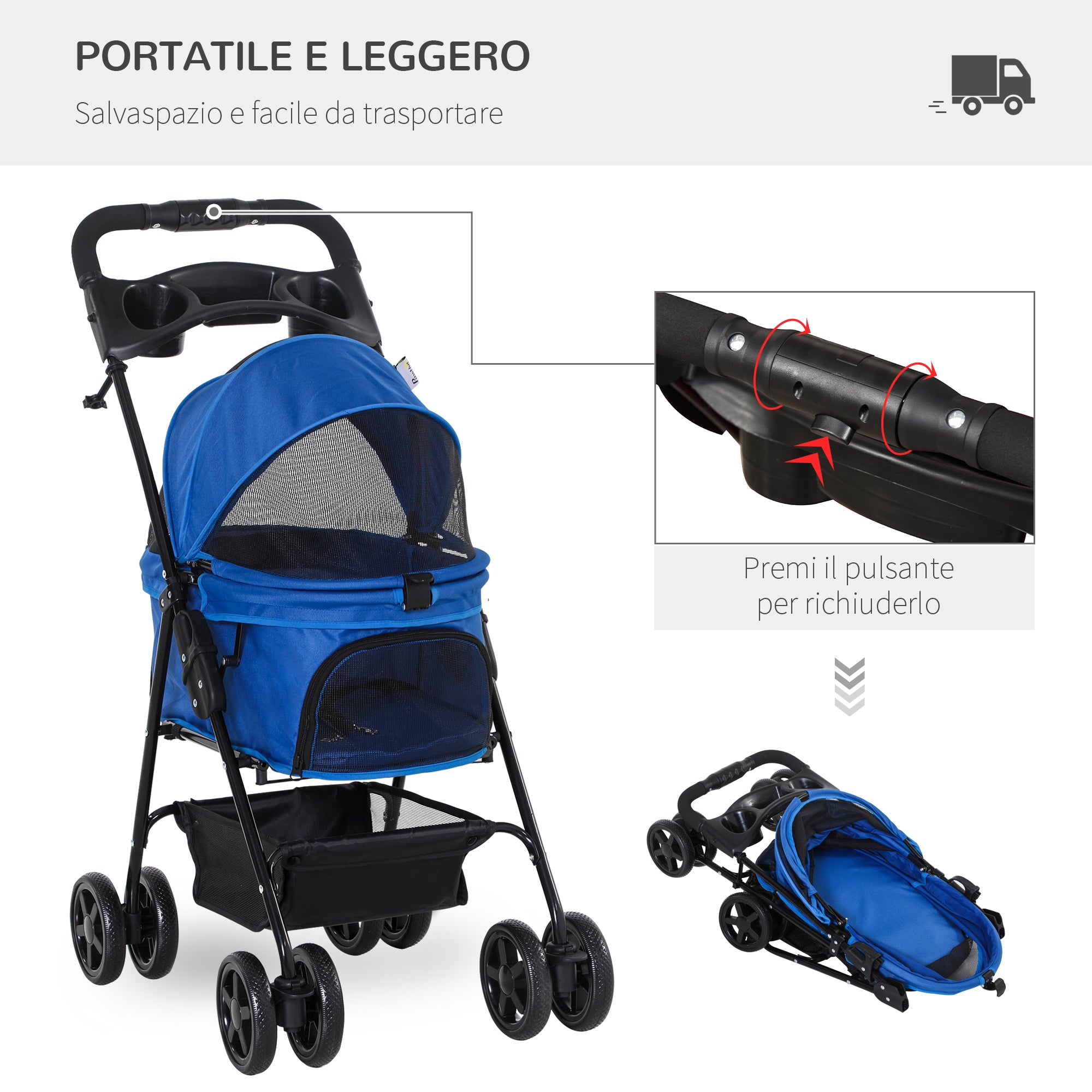 EasyComfort Passeggino per Cani Pieghevole con Guinzaglio di Sicurezza e Cestino Portaoggetti, Blu