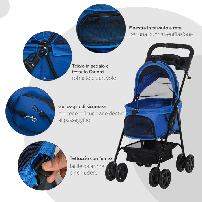 EasyComfort Passeggino per Cani Pieghevole con Guinzaglio di Sicurezza e Cestino Portaoggetti, Blu