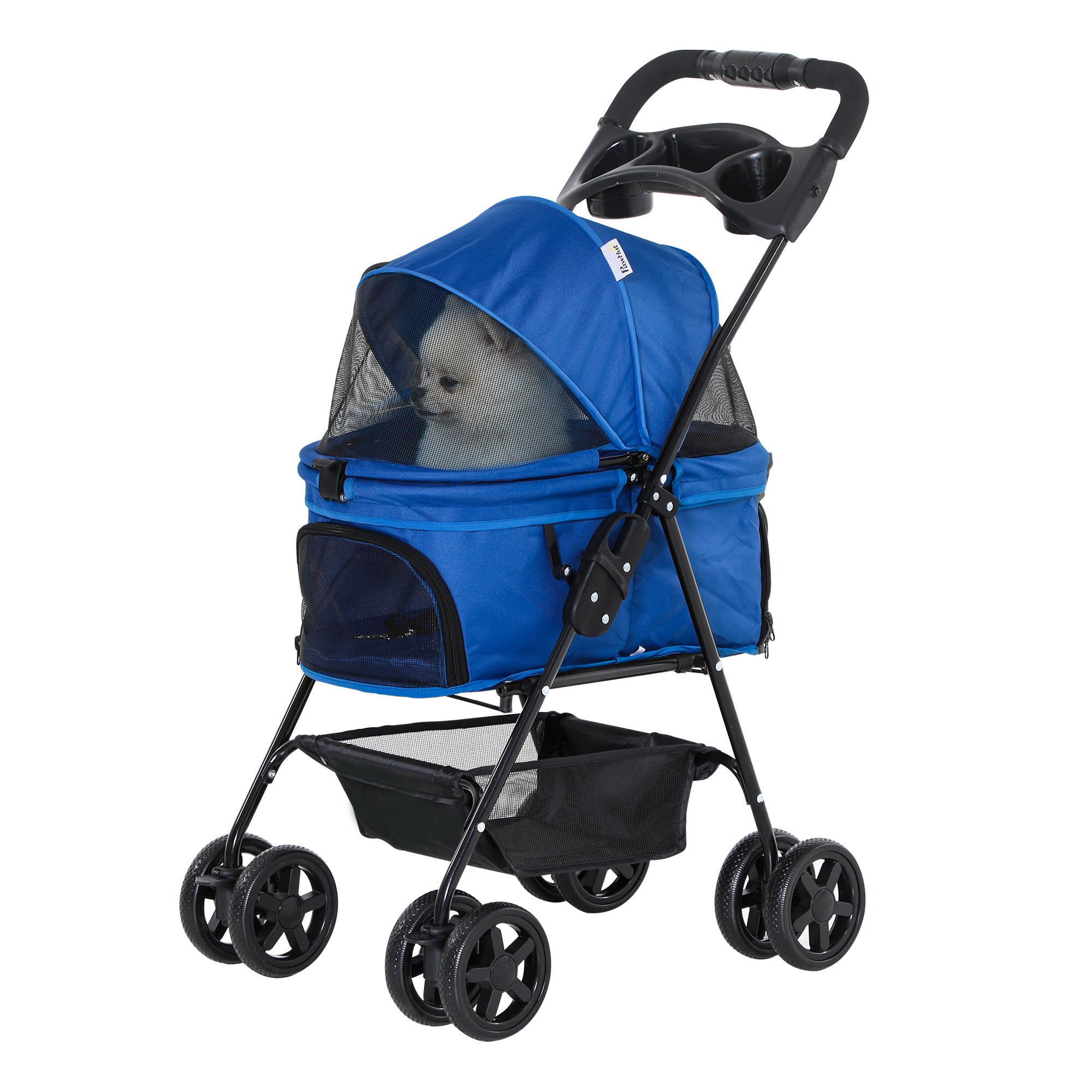 EasyComfort Passeggino per Cani Pieghevole con Guinzaglio di Sicurezza e Cestino Portaoggetti, Blu