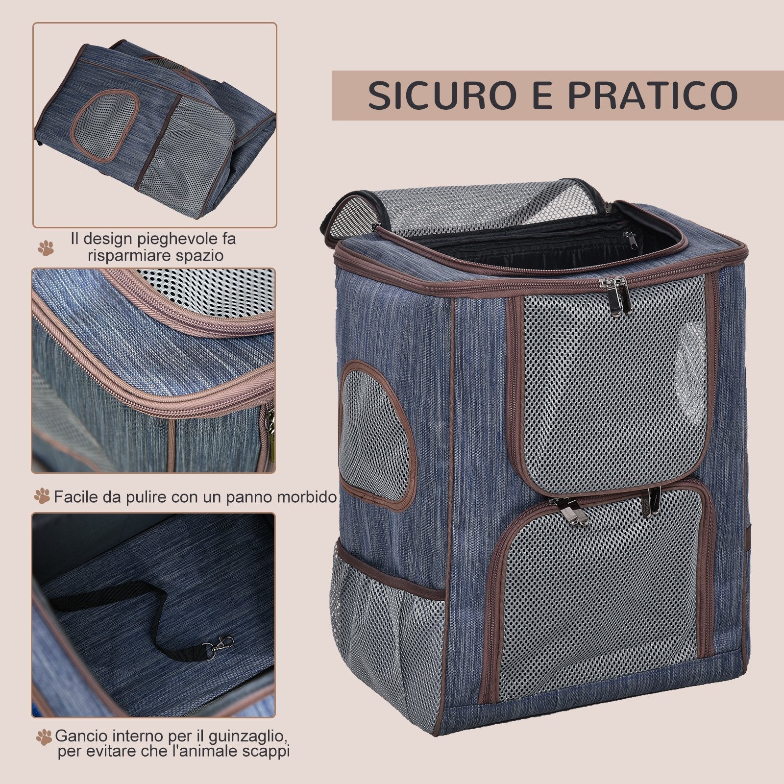 Zaino Trasportino per Cani e Gatti 35x28,5x45 cm in Oxford con Rete Traspirante Blu