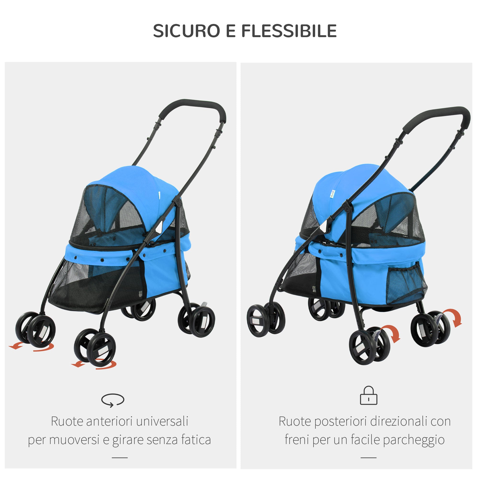 EasyComfort Passeggino per Cani Pieghevole con Tettuccio Regolabile e Ruote Girevoli, 82x47x97cm, Blu