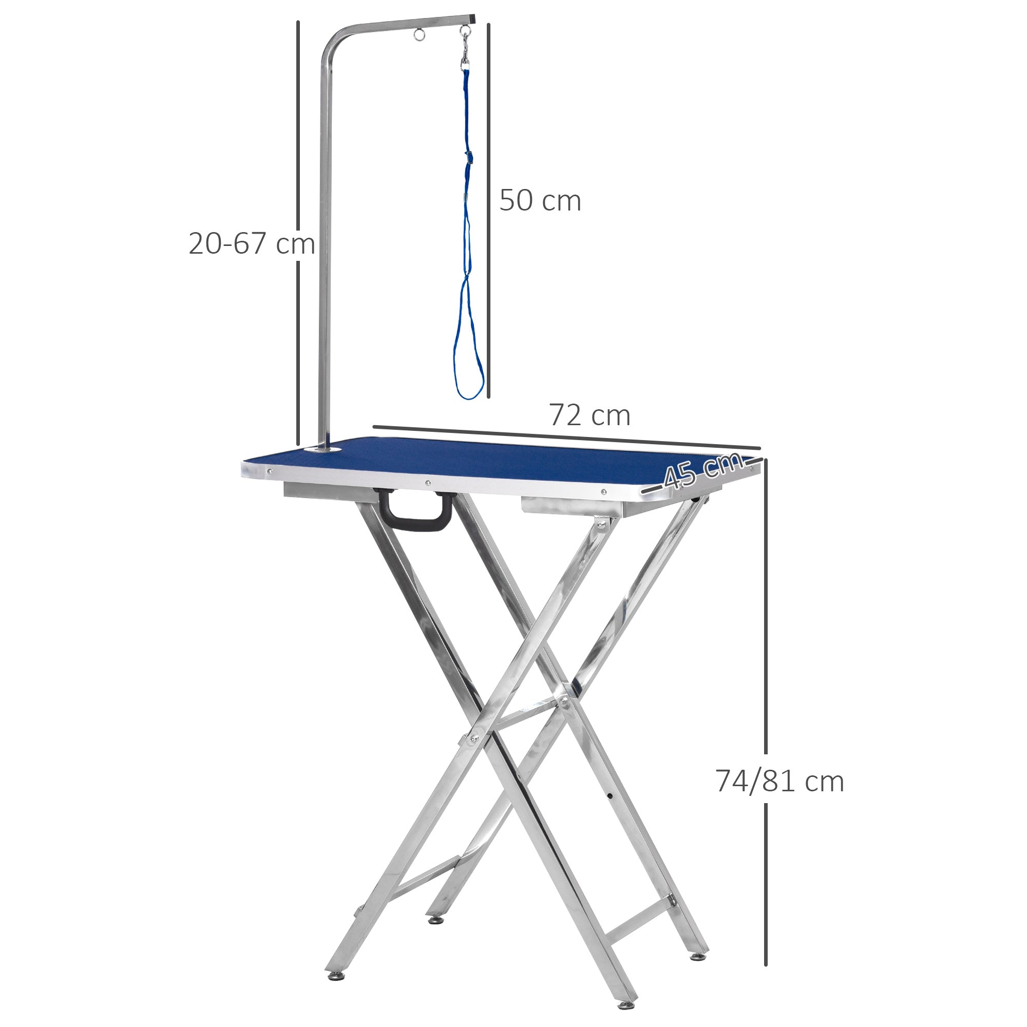 EasyComfort Tavolo Toelettatura Pieghevole con Maniglia Integrata, Braccio Regolabile e Guinzaglio, 70x45x74-81cm, Blu