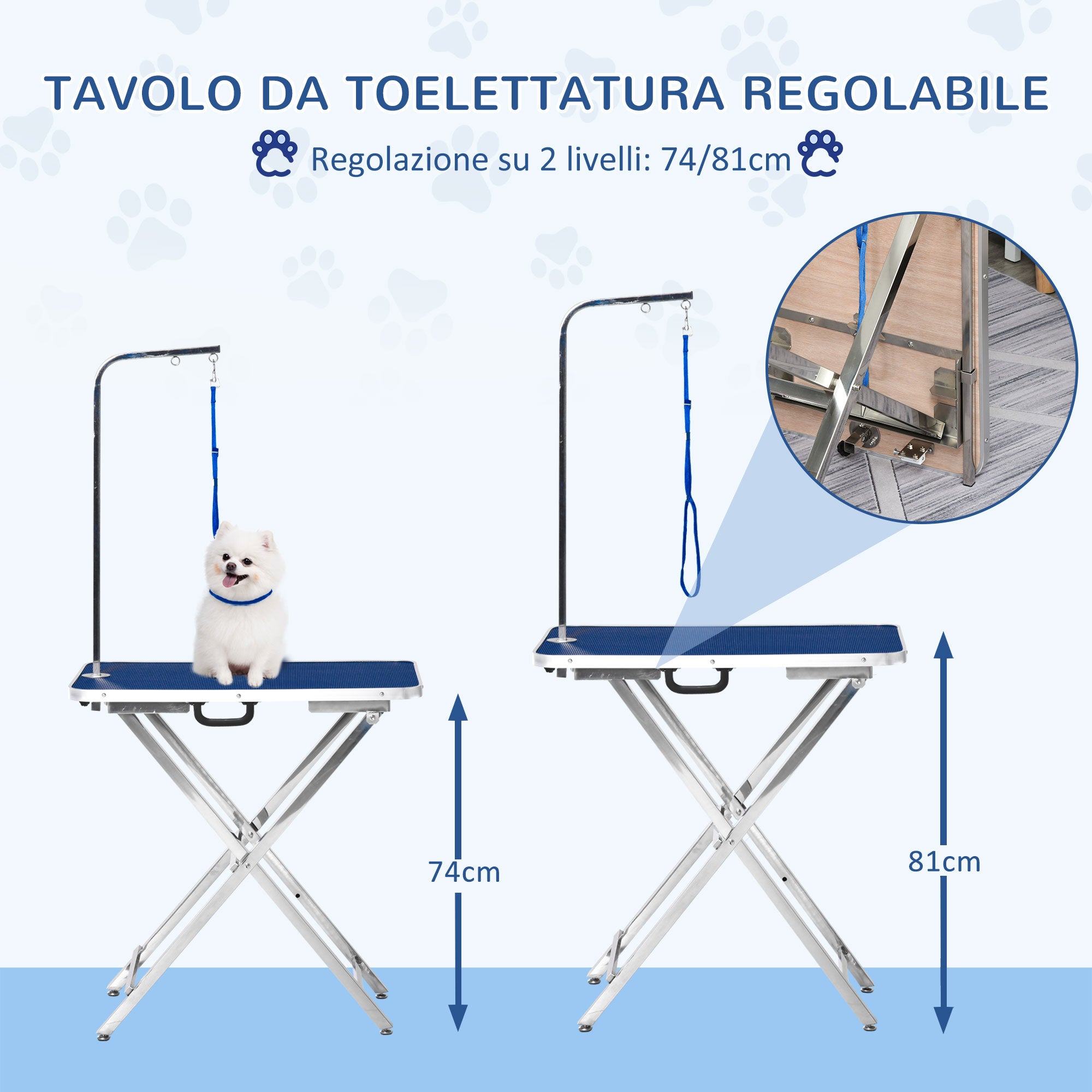 EasyComfort Tavolo Toelettatura Pieghevole con Maniglia Integrata, Braccio Regolabile e Guinzaglio, 70x45x74-81cm, Blu