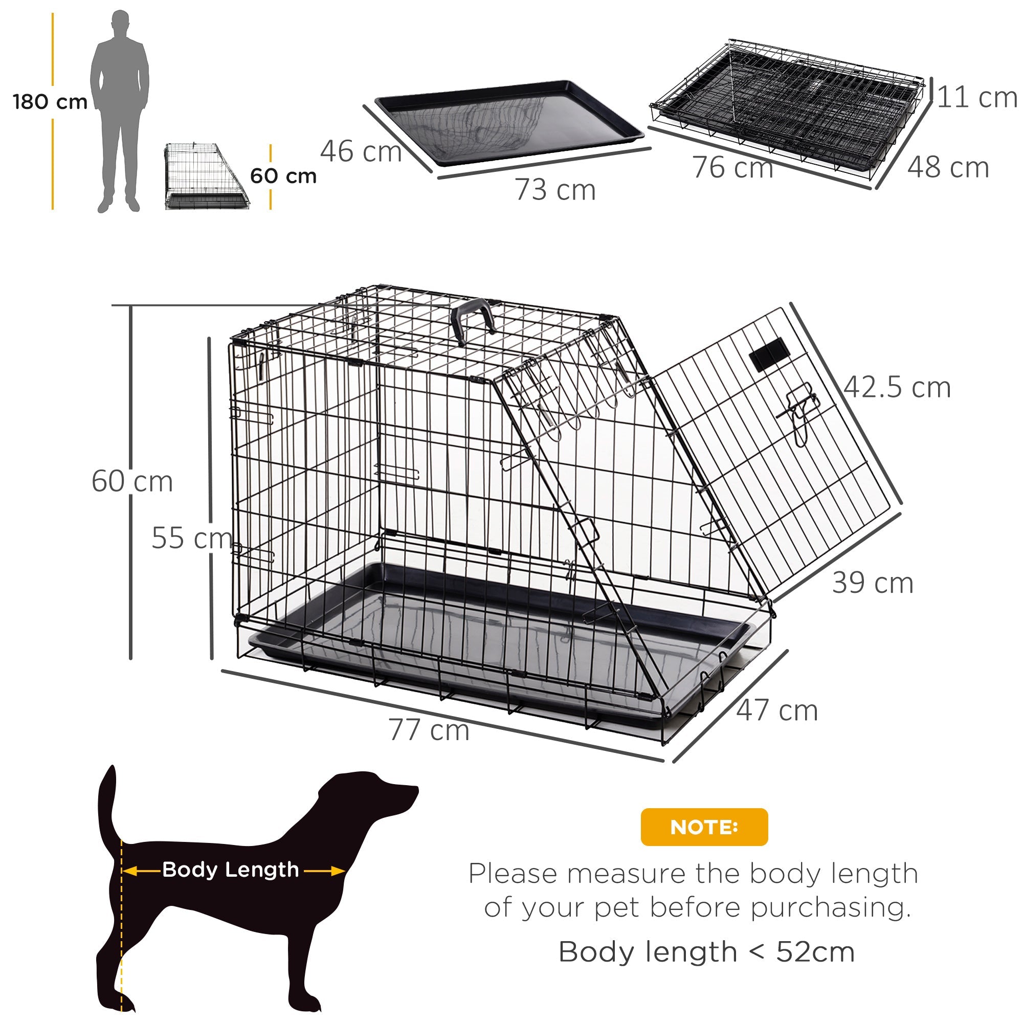 Trasportino per Cani 76x48x55 cm in Metallo Nero