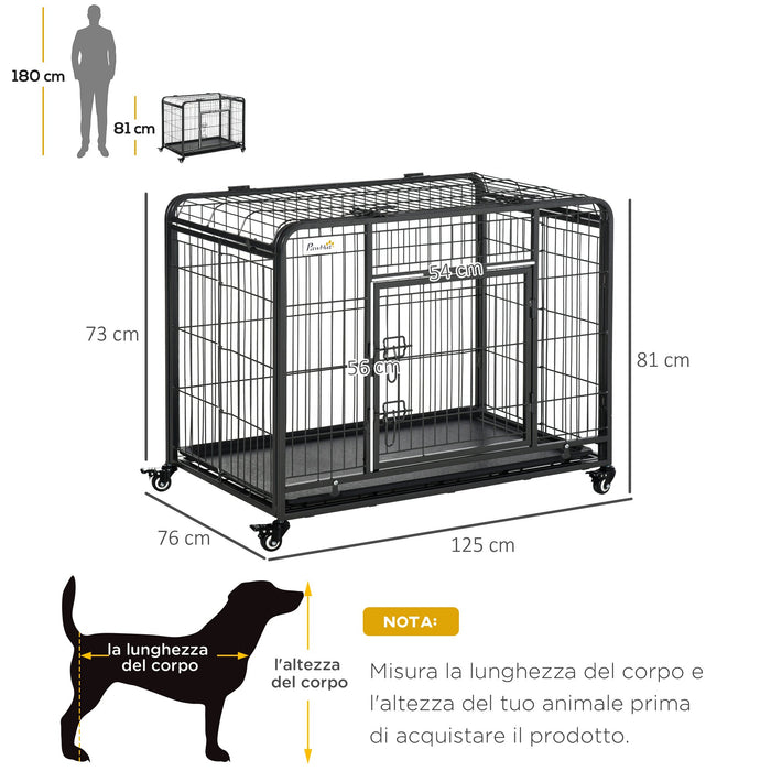 Gabbia per Cani Pieghevole 125x76x81 cm con Ruote in Metallo Grigio