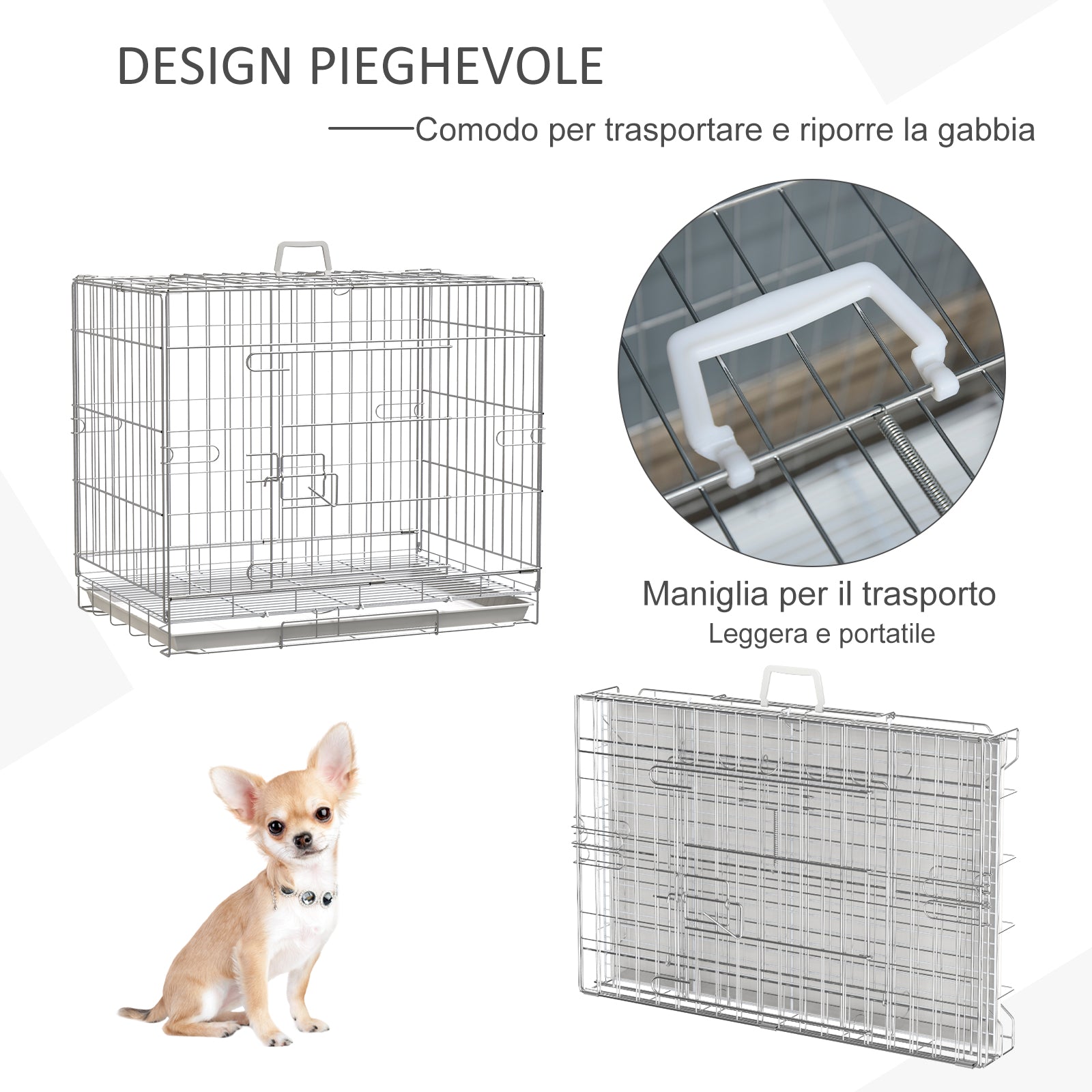 Gabbia Trasportino per Cani Gatti 61x43x53 cm Pieghevole in Metallo