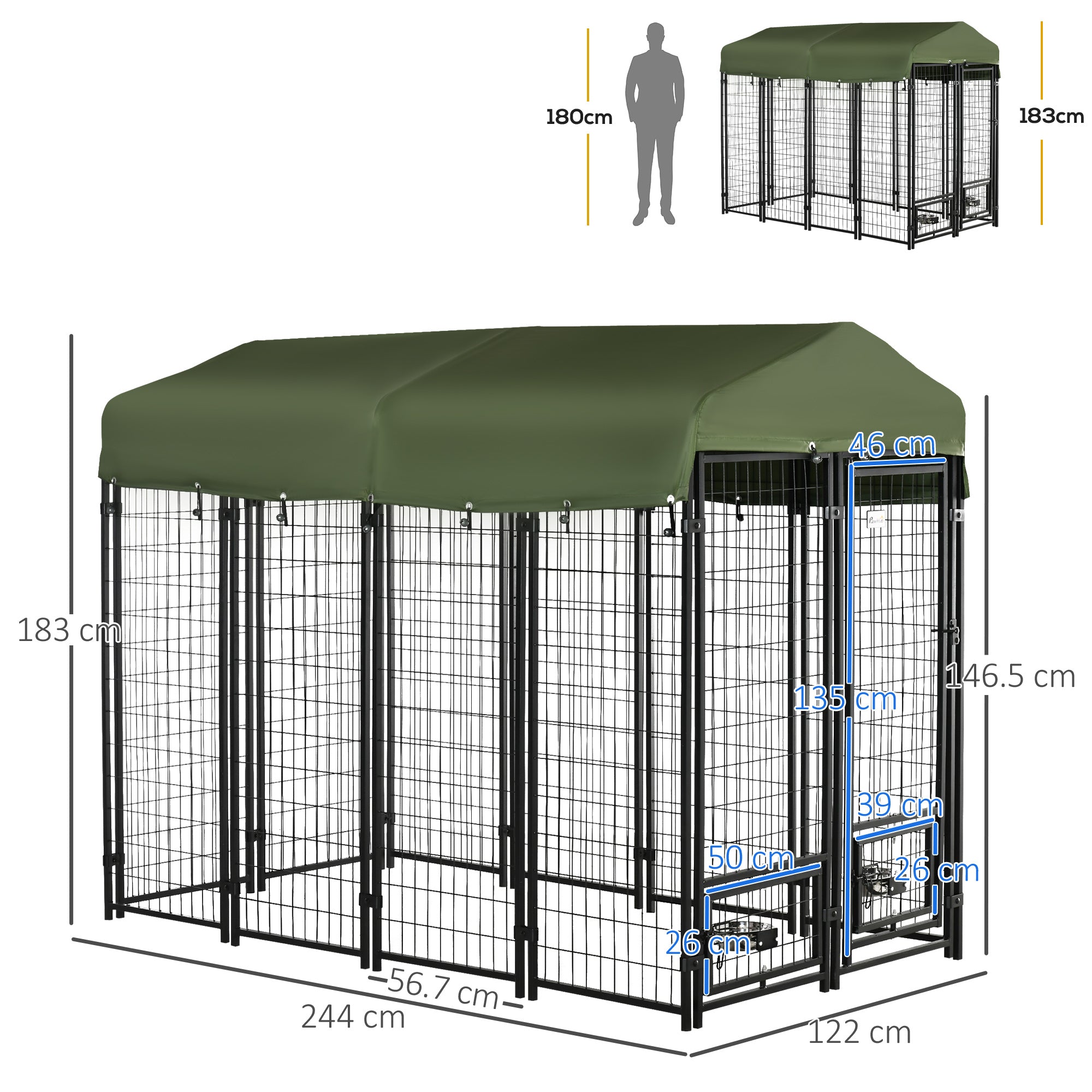 EasyComfort Kennel per Cani in Acciaio per Interni ed Esterni con Tettuccio in Tessuto Oxford e 2 Ciotole, 244x122x183 cm