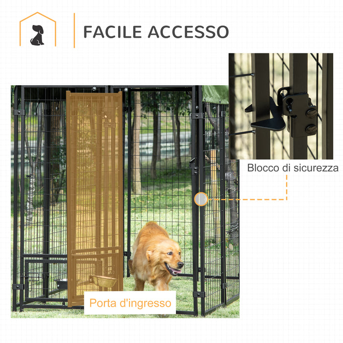 EasyComfort Kennel per Cani in Acciaio per Interni ed Esterni con Tettuccio in Tessuto Oxford e 2 Ciotole, 244x122x183 cm