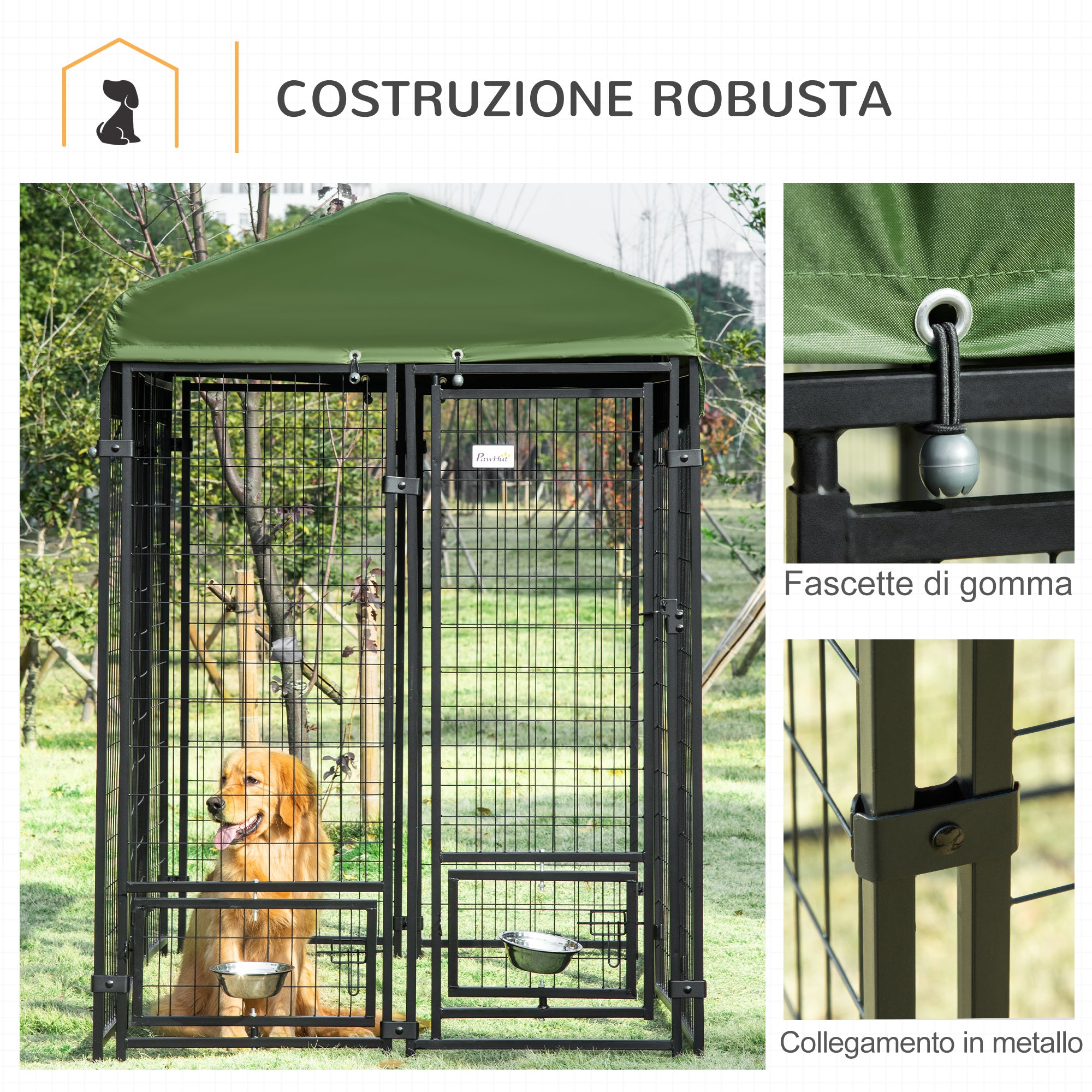 EasyComfort Kennel per Cani in Acciaio per Interni ed Esterni con Tettuccio in Tessuto Oxford e 2 Ciotole, 244x122x183 cm