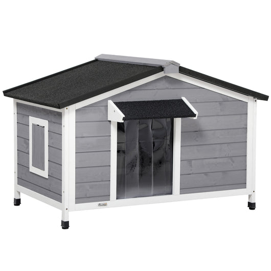 EasyComfort Casetta per Cani in Legno con Design Rialzato, Tenda Protettiva e 2 Finestre, 109x79x72 cm