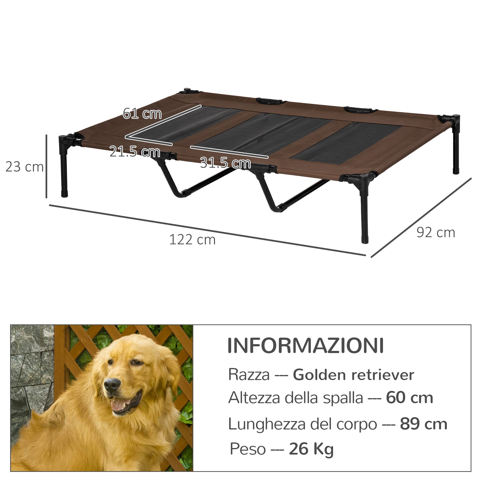 Brandina Portatile per Cani 122x92x23 cm Fino a 50Kg in Metallo e Tessuto Oxford Marrone